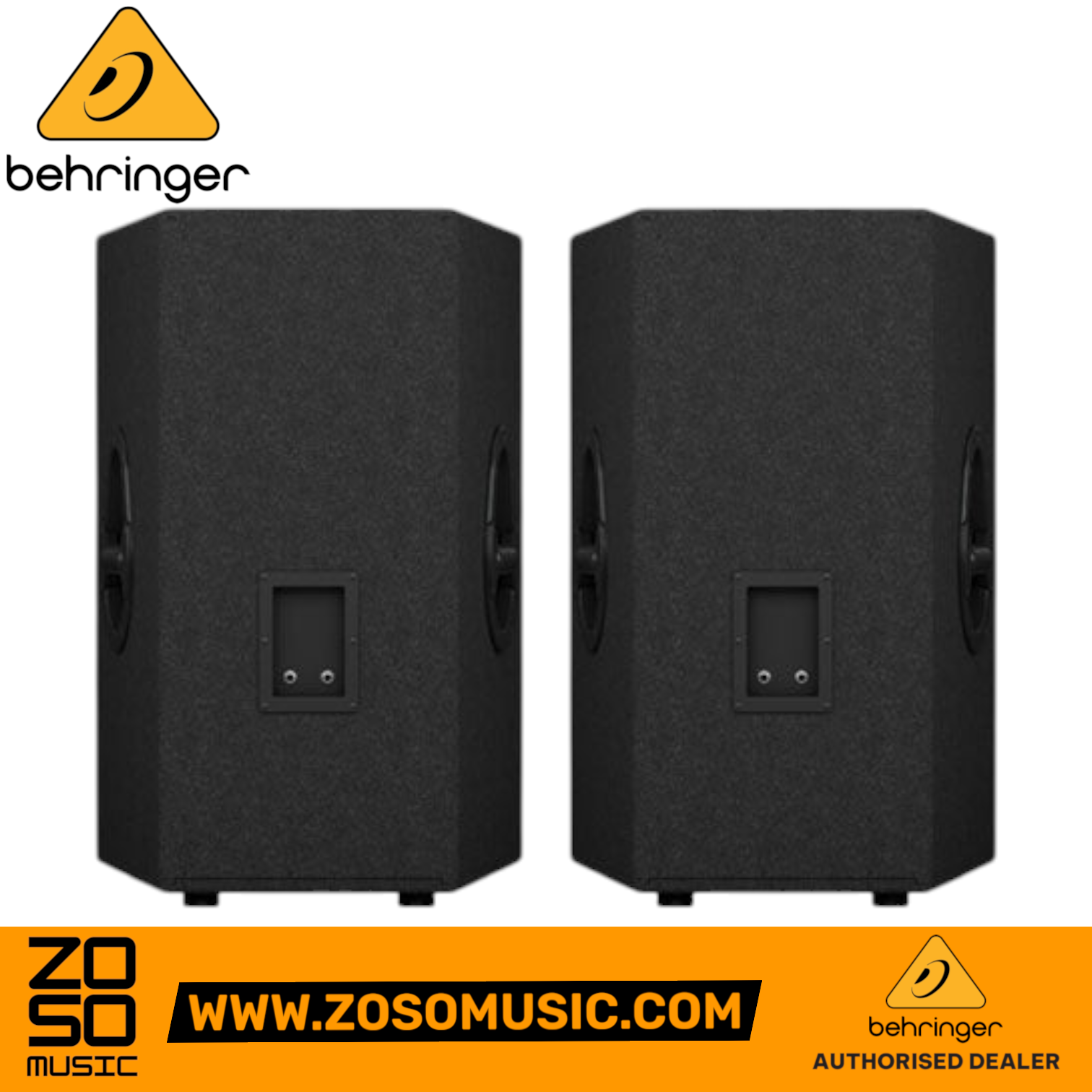 Zoso Music Behringer VS1520 600-Watt 15-inch passive PA speakers in a pair, showing front-facing trapezoidal design.