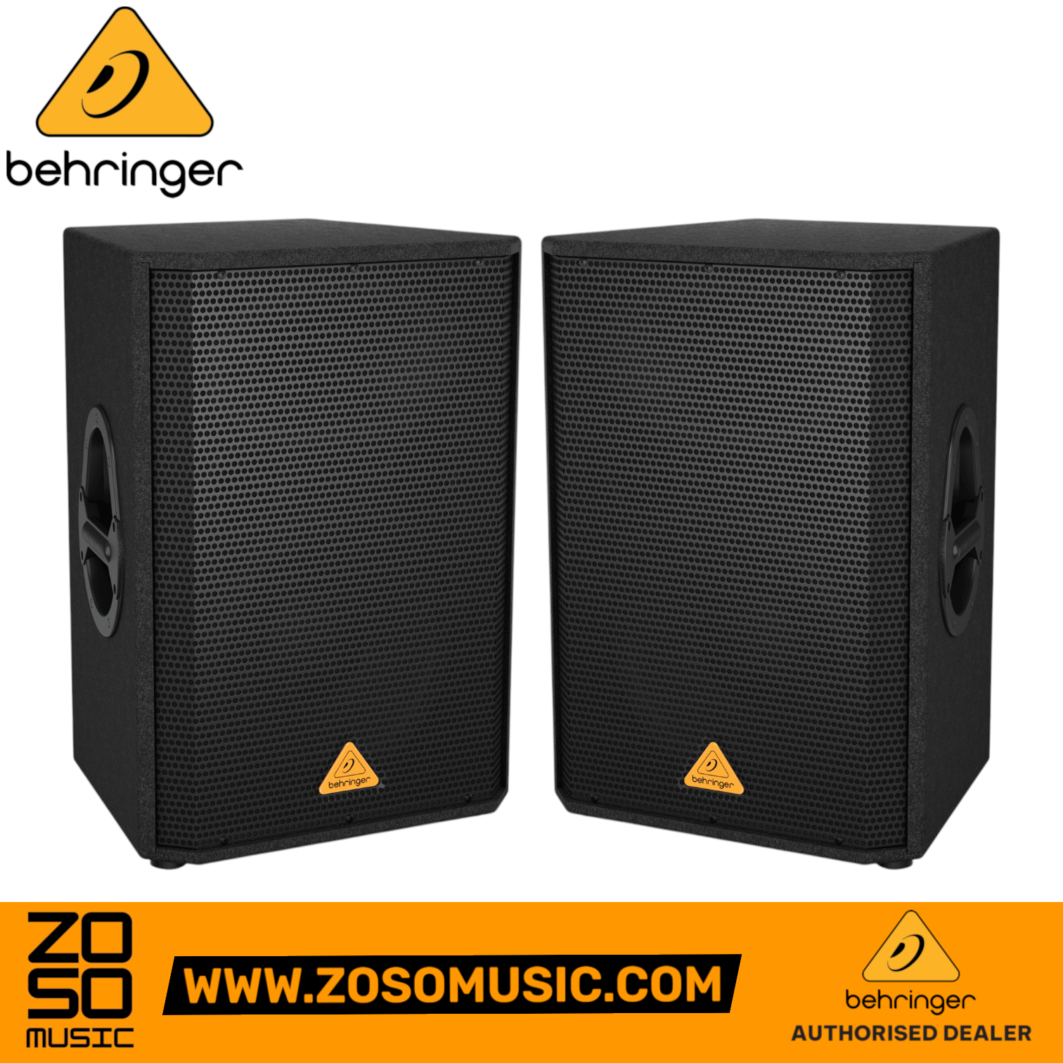 Zoso Music Behringer VS1520 600-watt 15-inch passive PA speaker pair with black steel grilles and side handles