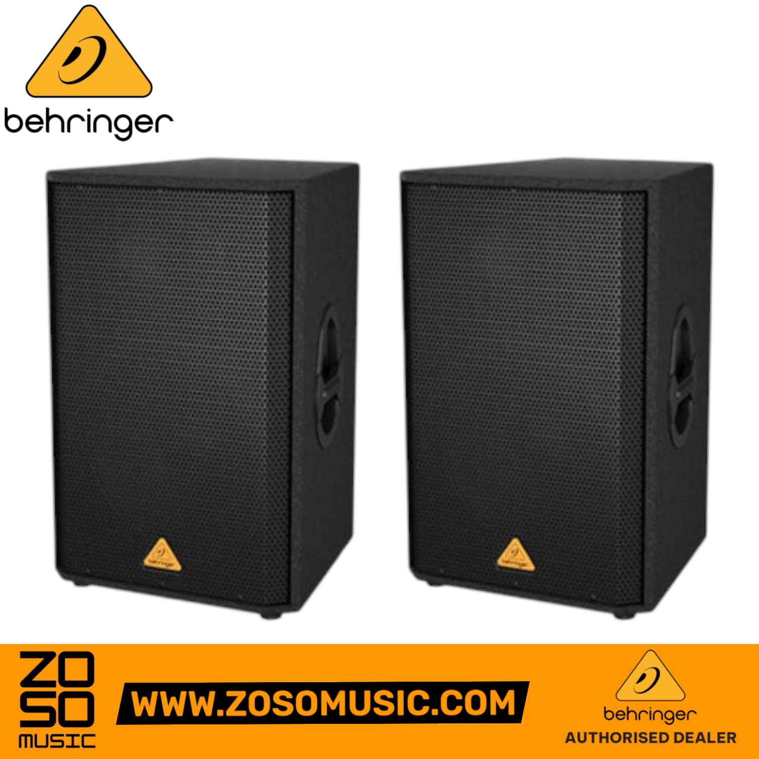 Zoso Music Behringer VS1520 600-Watt 15-inch passive PA speaker pair with black steel grille and trapezoidal design