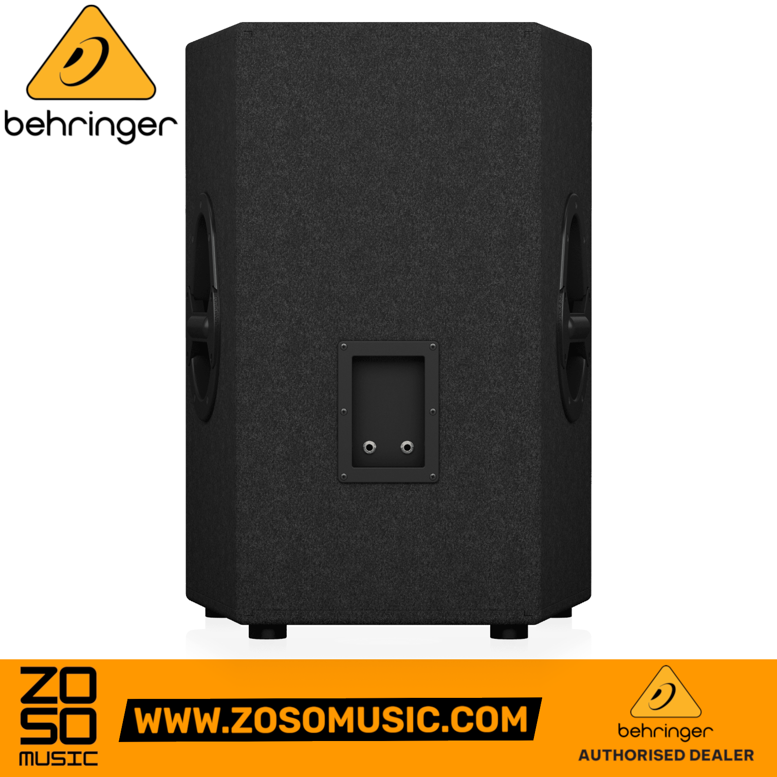 Behringer VS1520 passive PA speaker rear view showing input jacks and handles, sold by Zoso Music.