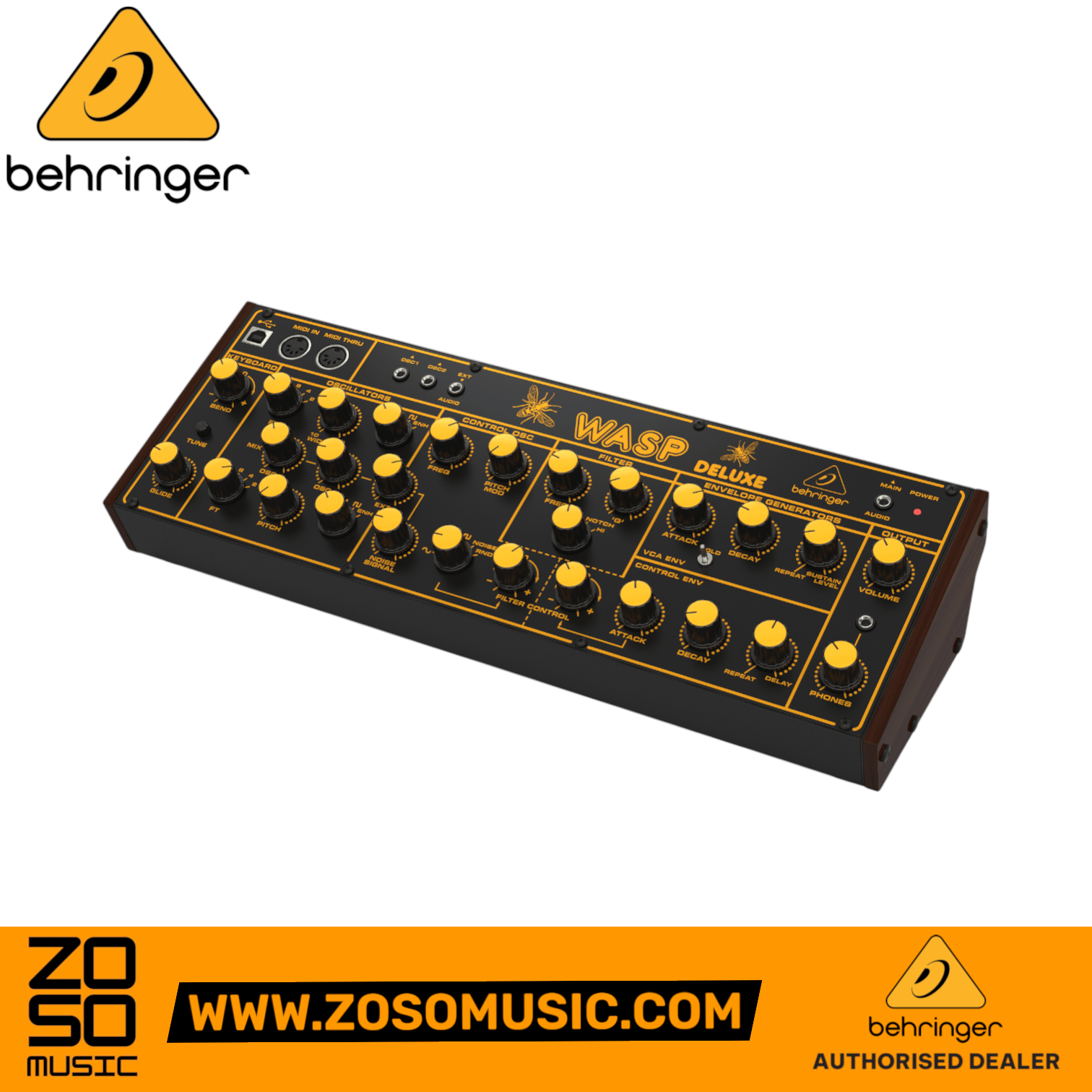 Zoso Music Behringer Wasp Deluxe desktop analog synthesizer with yellow knobs and black panel in a studio setting
