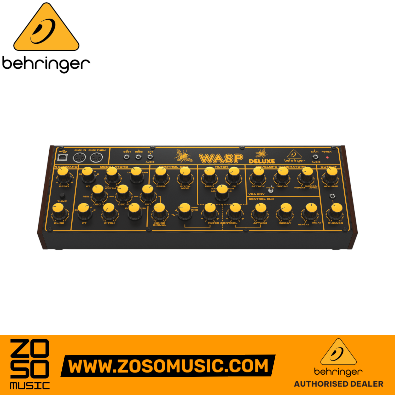 Zoso Music Behringer Wasp Deluxe analog desktop synthesizer with yellow knobs and black control panel