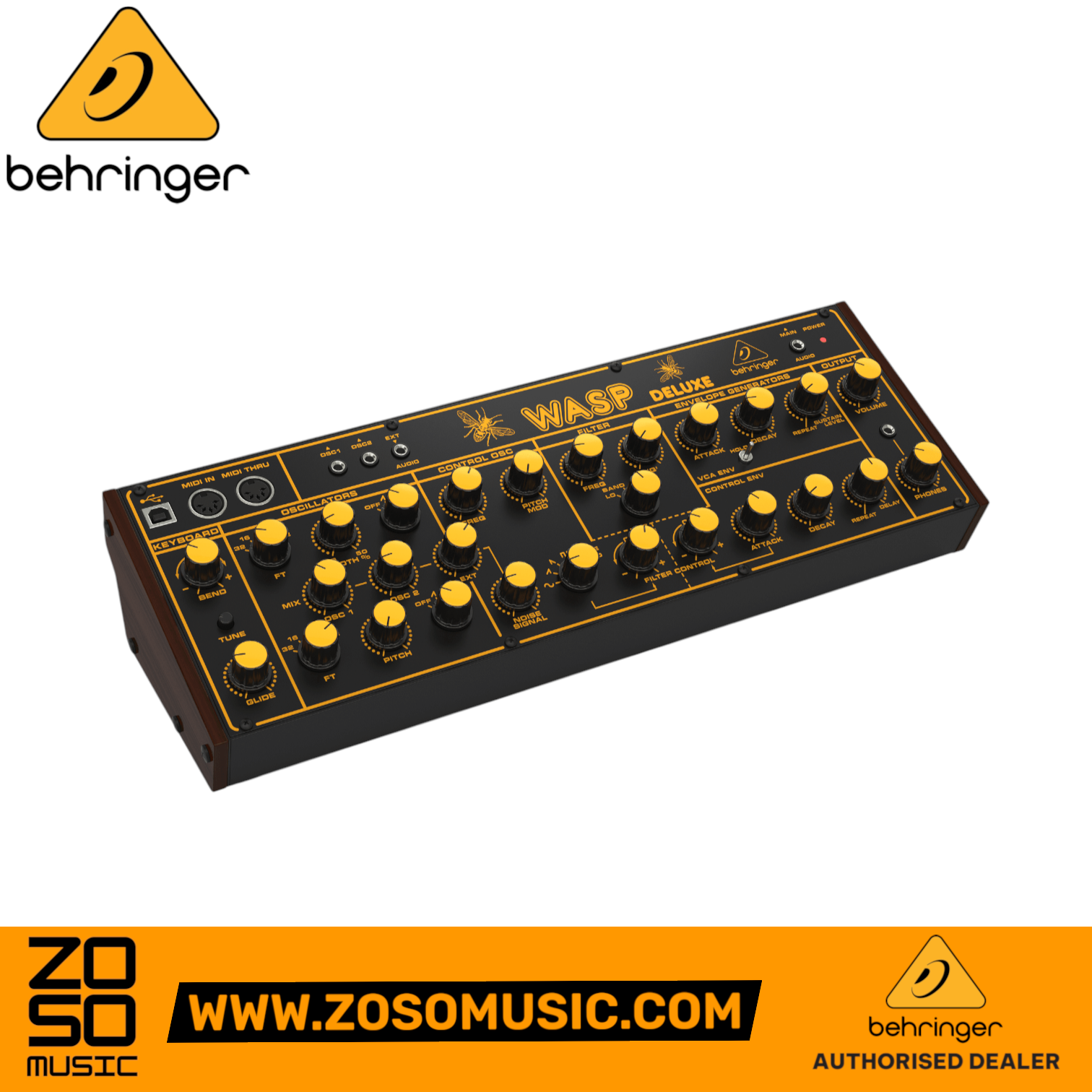 Zoso Music Behringer Wasp Deluxe desktop analog synthesizer with yellow knobs and black panel in a studio setting