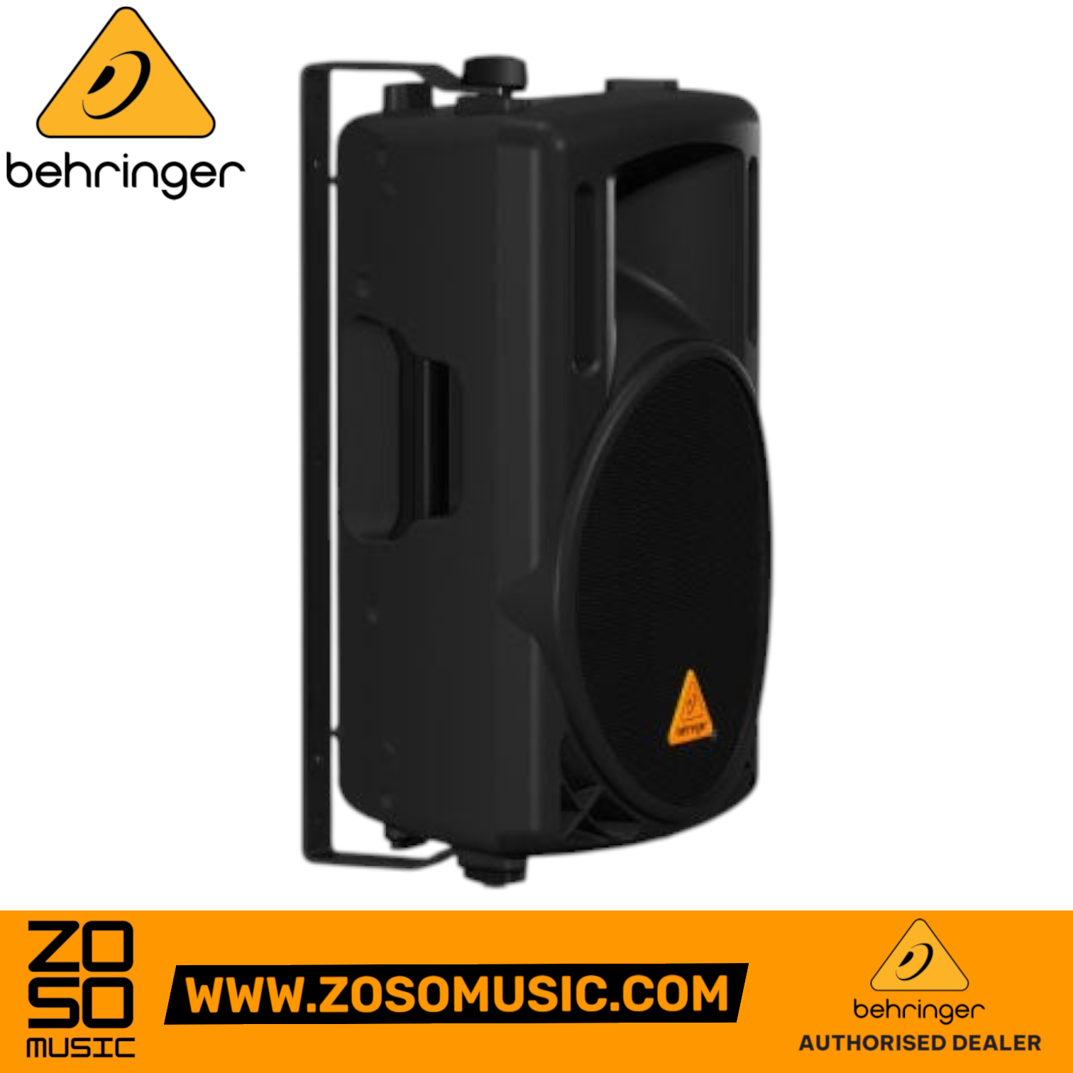 Zoso Music Behringer WB208 black steel wall-mount bracket attached to a Eurolive B208 PA speaker
