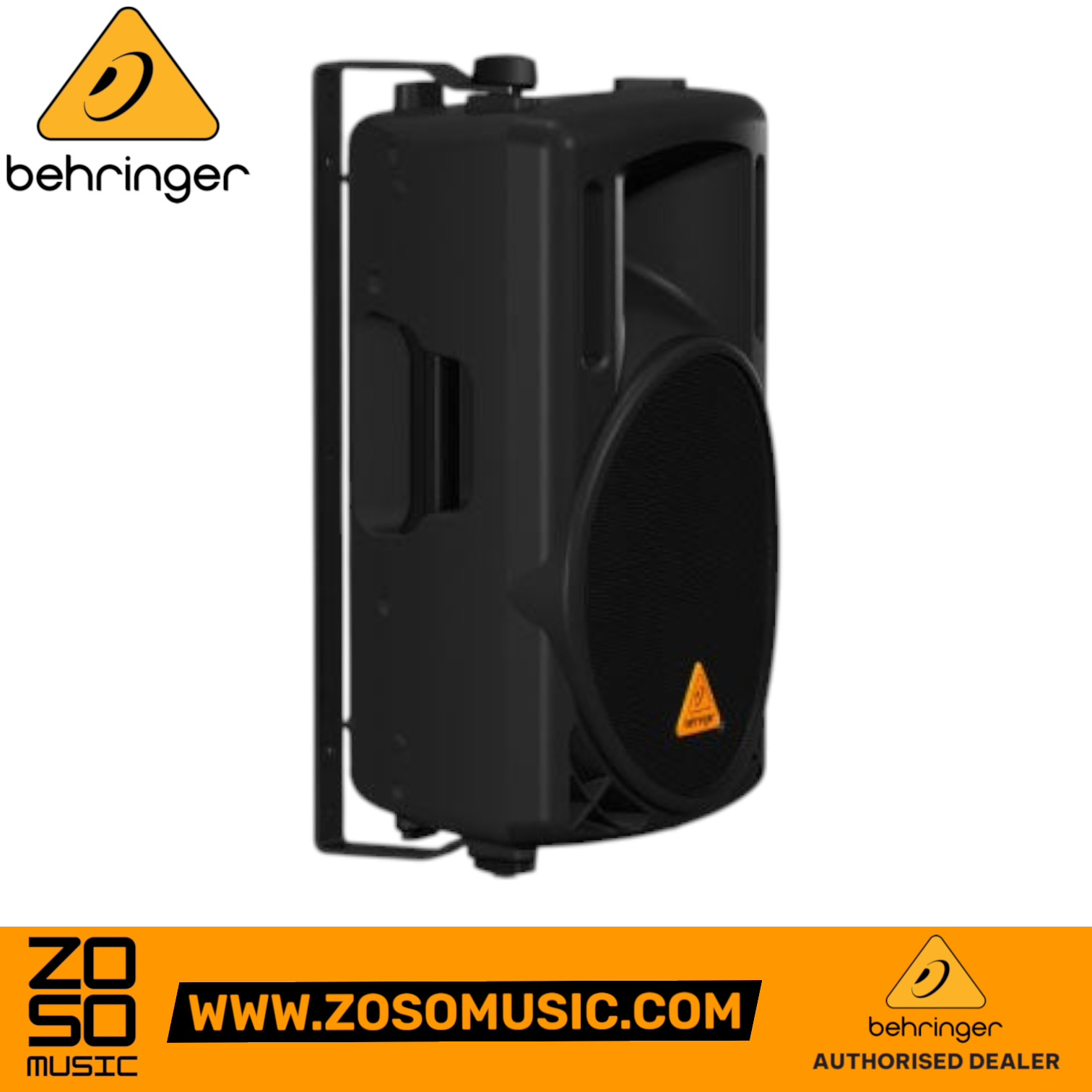 Zoso Music Behringer WB210 black steel wall-mount bracket attached to a Eurolive B210 PA speaker