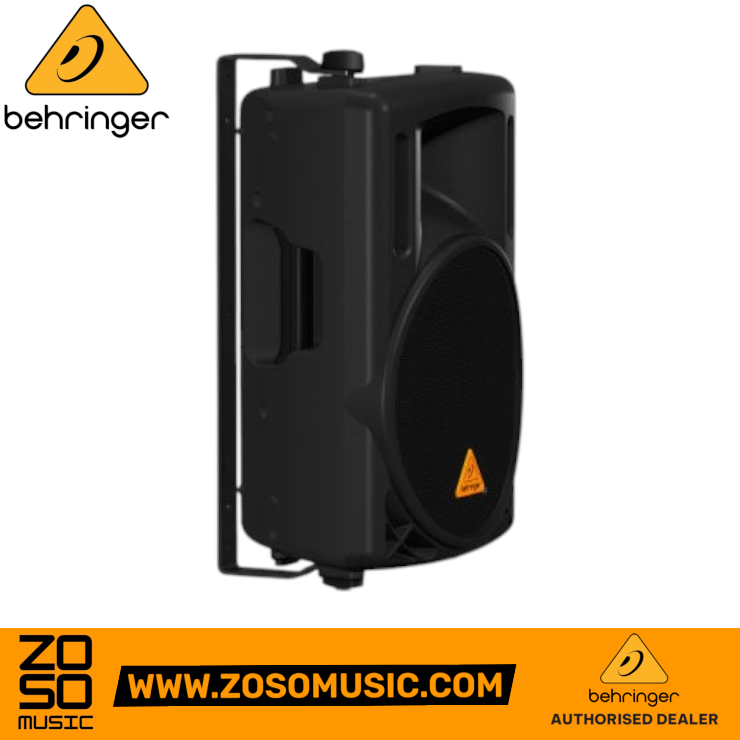 Zoso Music Behringer WB212 black steel wall-mount bracket attached to a Eurolive B212 PA speaker