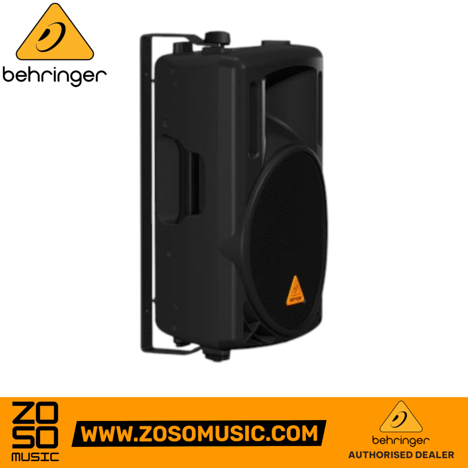 Zoso Music Behringer WB215 black steel wall-mount bracket attached to a Eurolive B215 PA speaker
