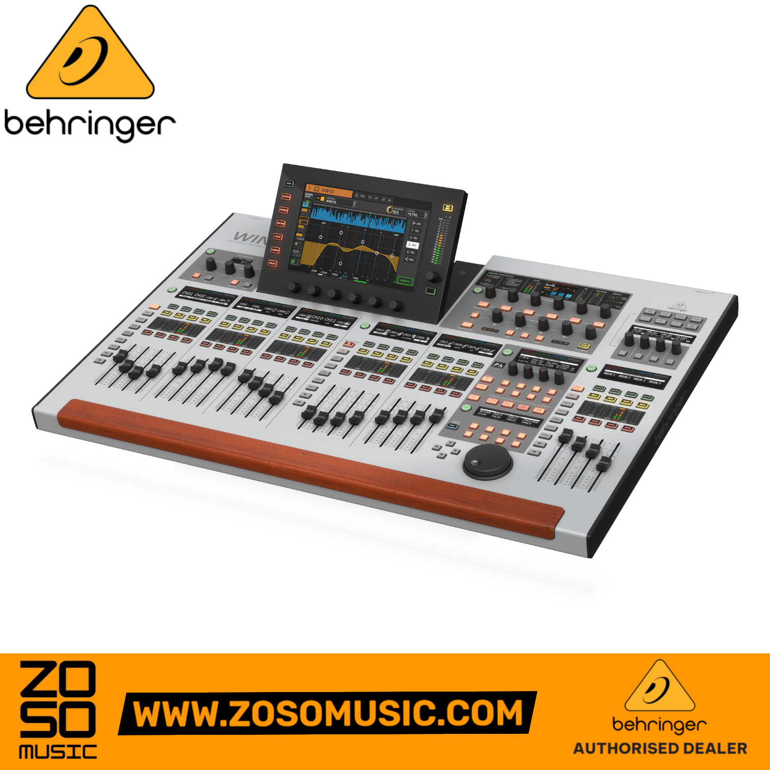 Zoso Music Behringer WING 48-channel digital mixer with motorized faders, touch screen, and wood-grain trim.