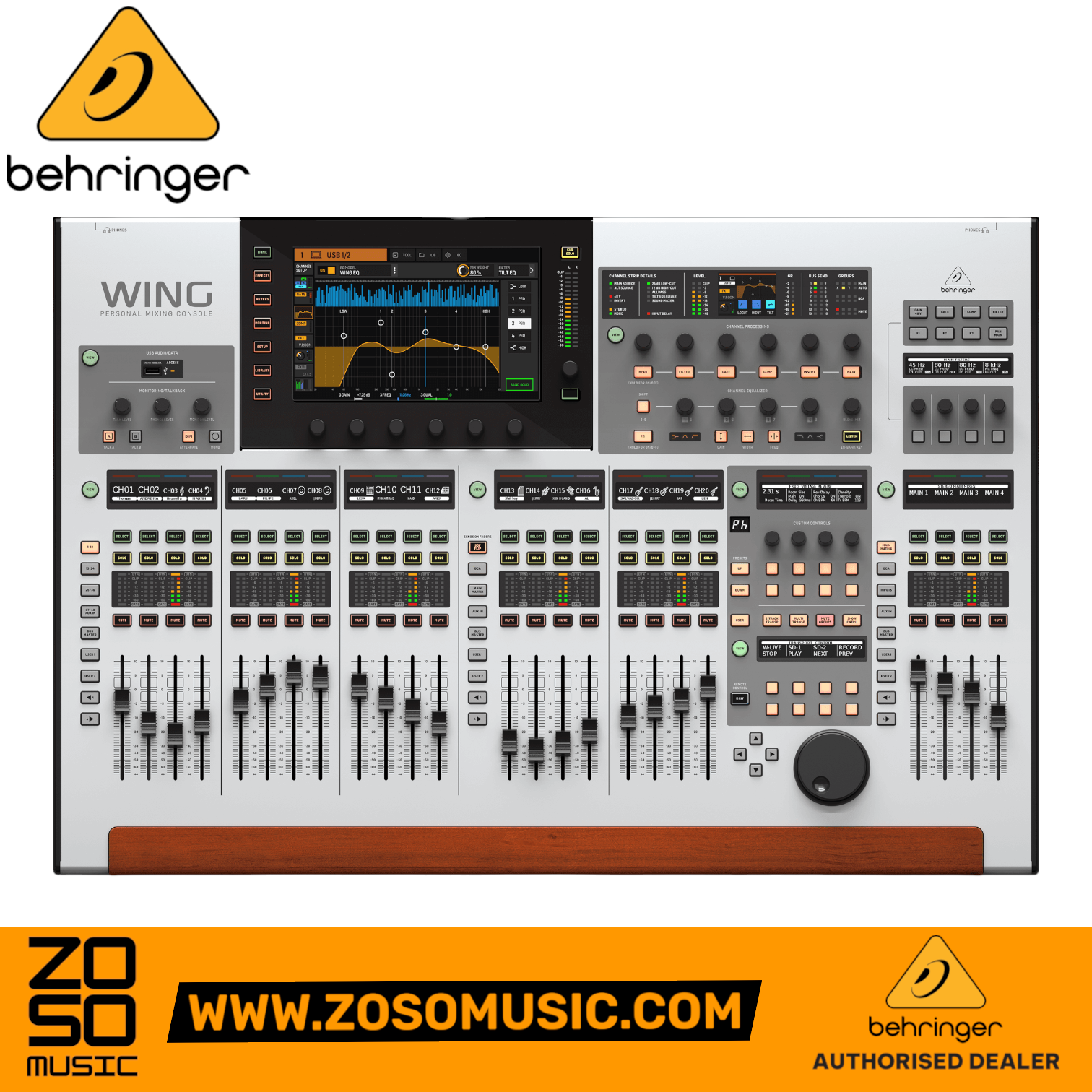 Behringer WING 48-channel digital mixing console from Zoso Music featuring a large touchscreen and motorized faders.