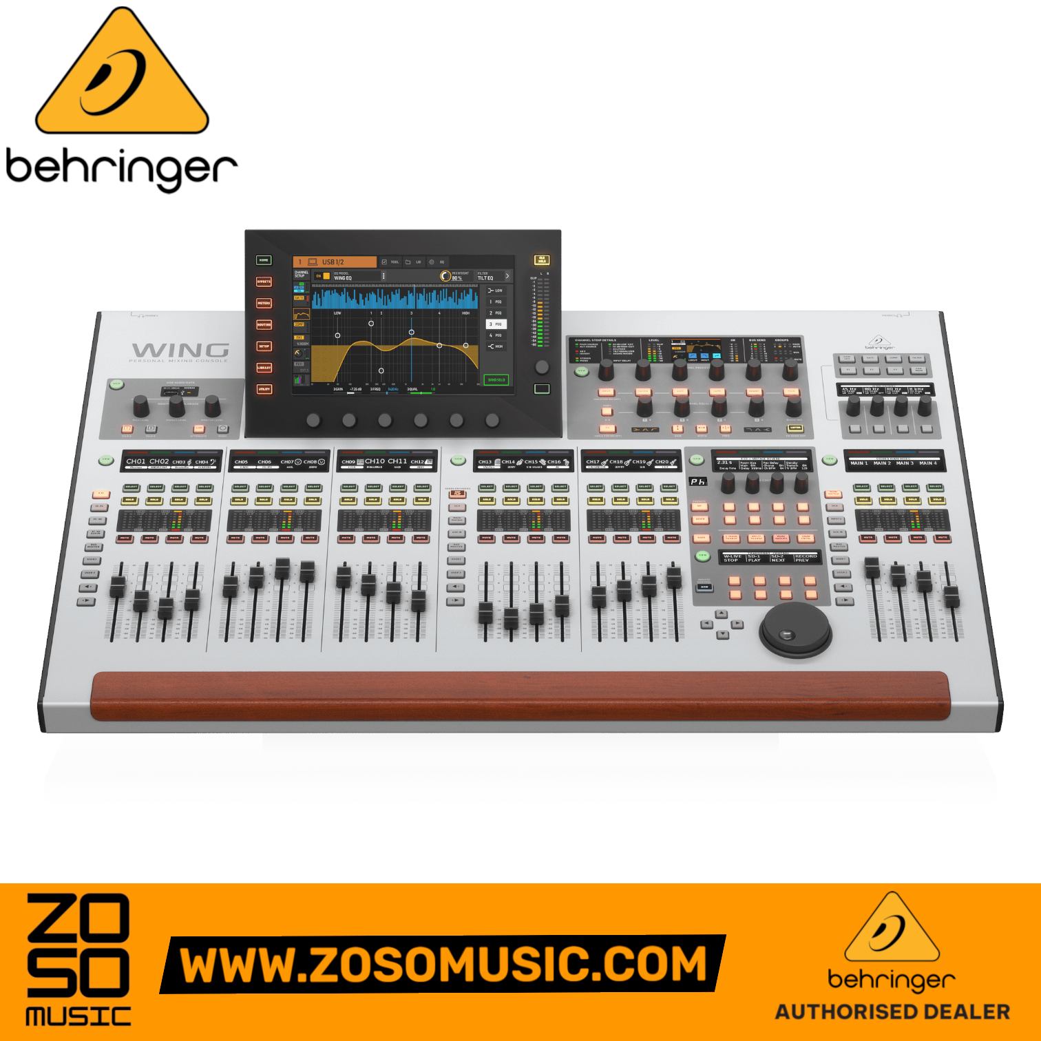 Behringer WING 48-channel digital mixer from Zoso Music featuring a large touchscreen, motorized faders, and wood trim.