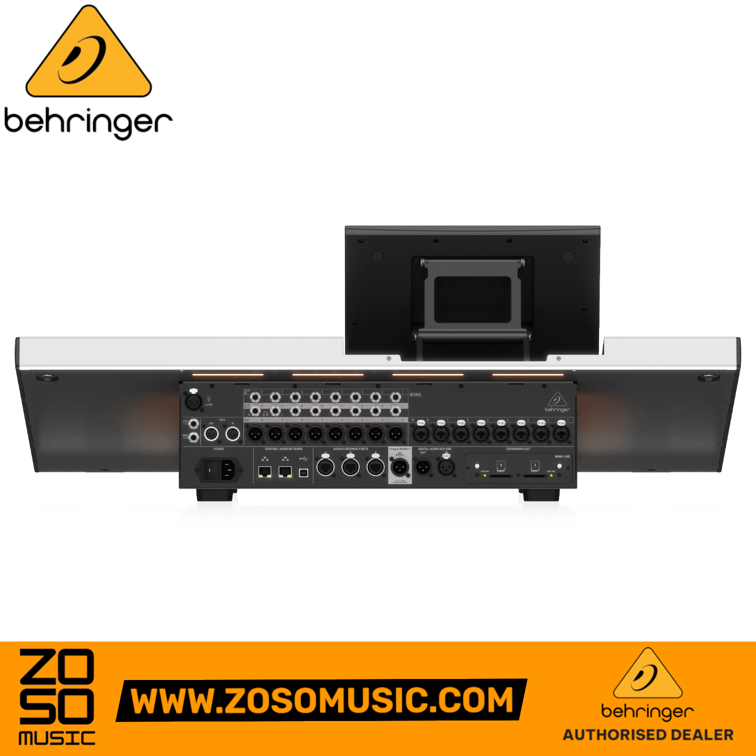Rear panel view of the Behringer WING 48-channel digital mixer showing various I/O ports, available at Zoso Music.