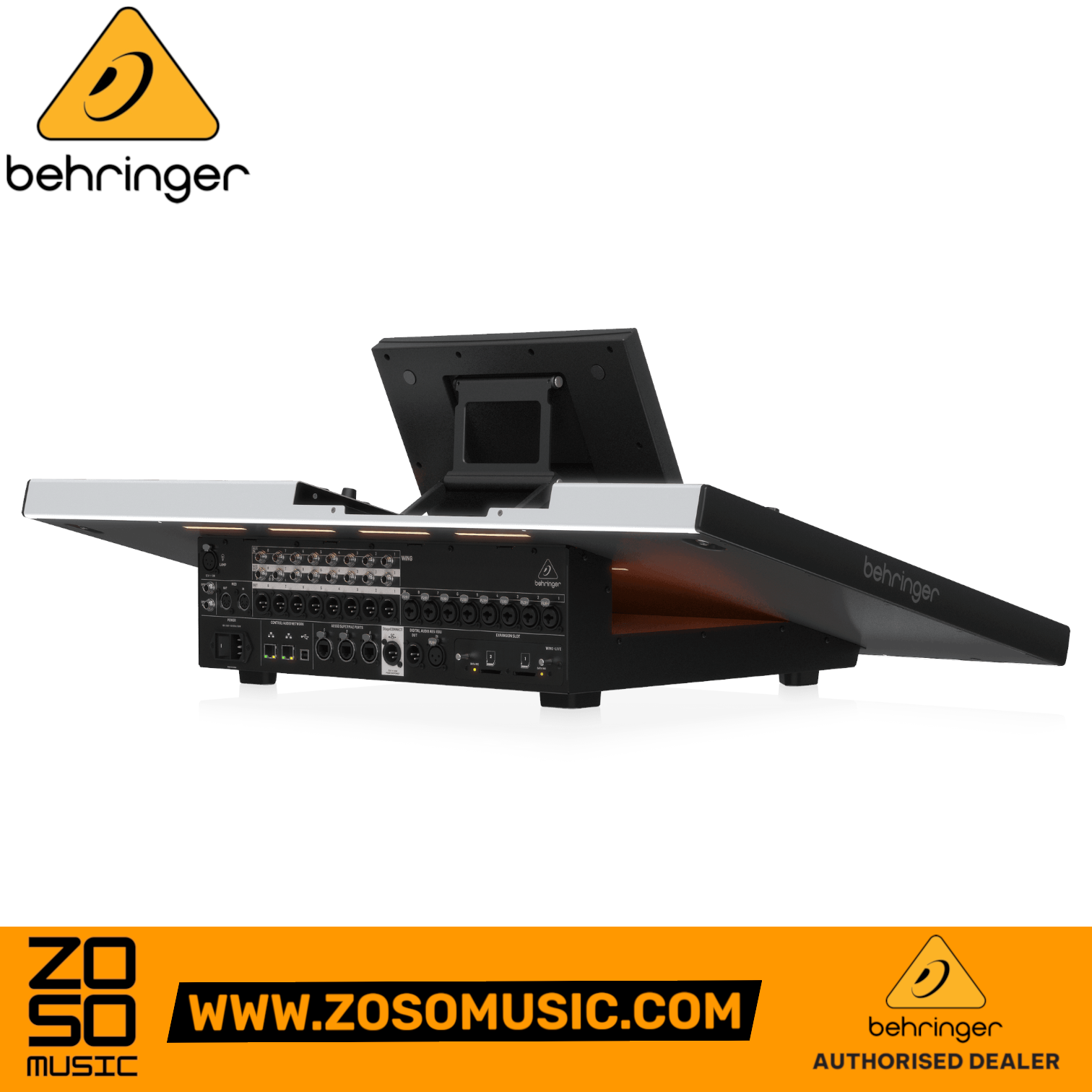 Rear view of the Behringer WING 48-channel digital mixer showing input and output ports at Zoso Music
