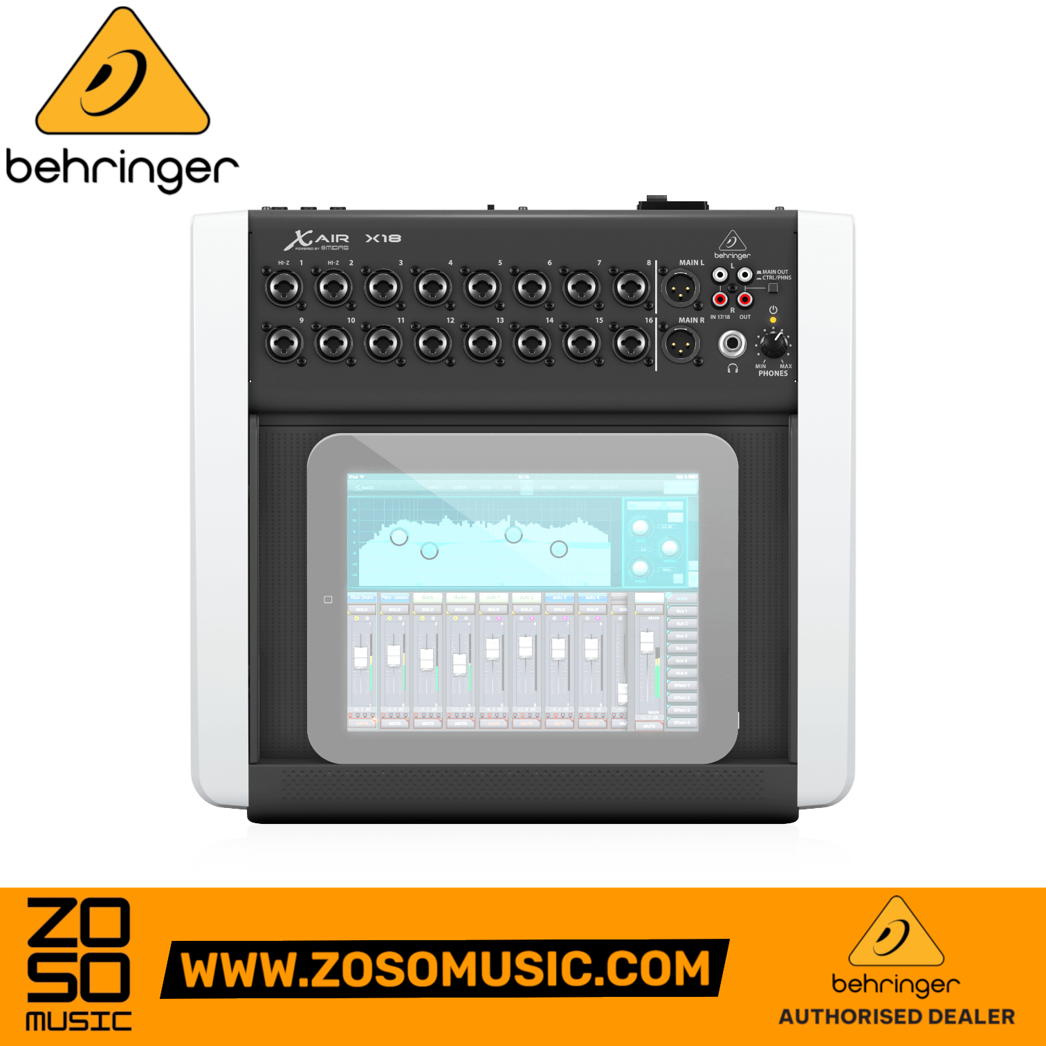 Zoso Music Behringer X Air X18 18-channel digital mixer with integrated tablet tray and Midas-designed preamps