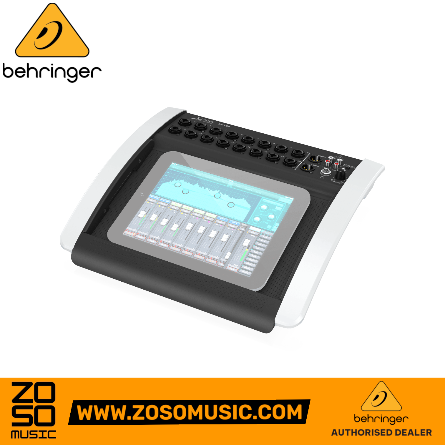 Zoso Music Behringer X Air X18 digital mixer with a tablet docked in the integrated tray for remote mixing control
