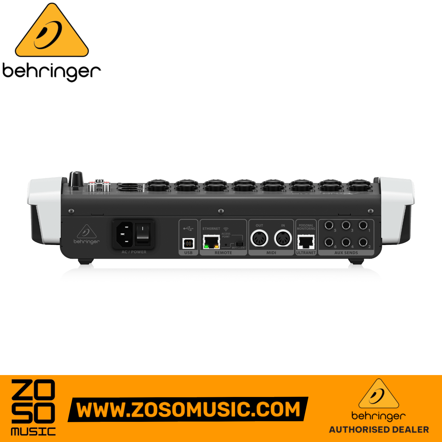 Zoso Music Behringer X Air X18 digital mixer rear panel showing USB, Ethernet, MIDI, and aux send connectivity ports.