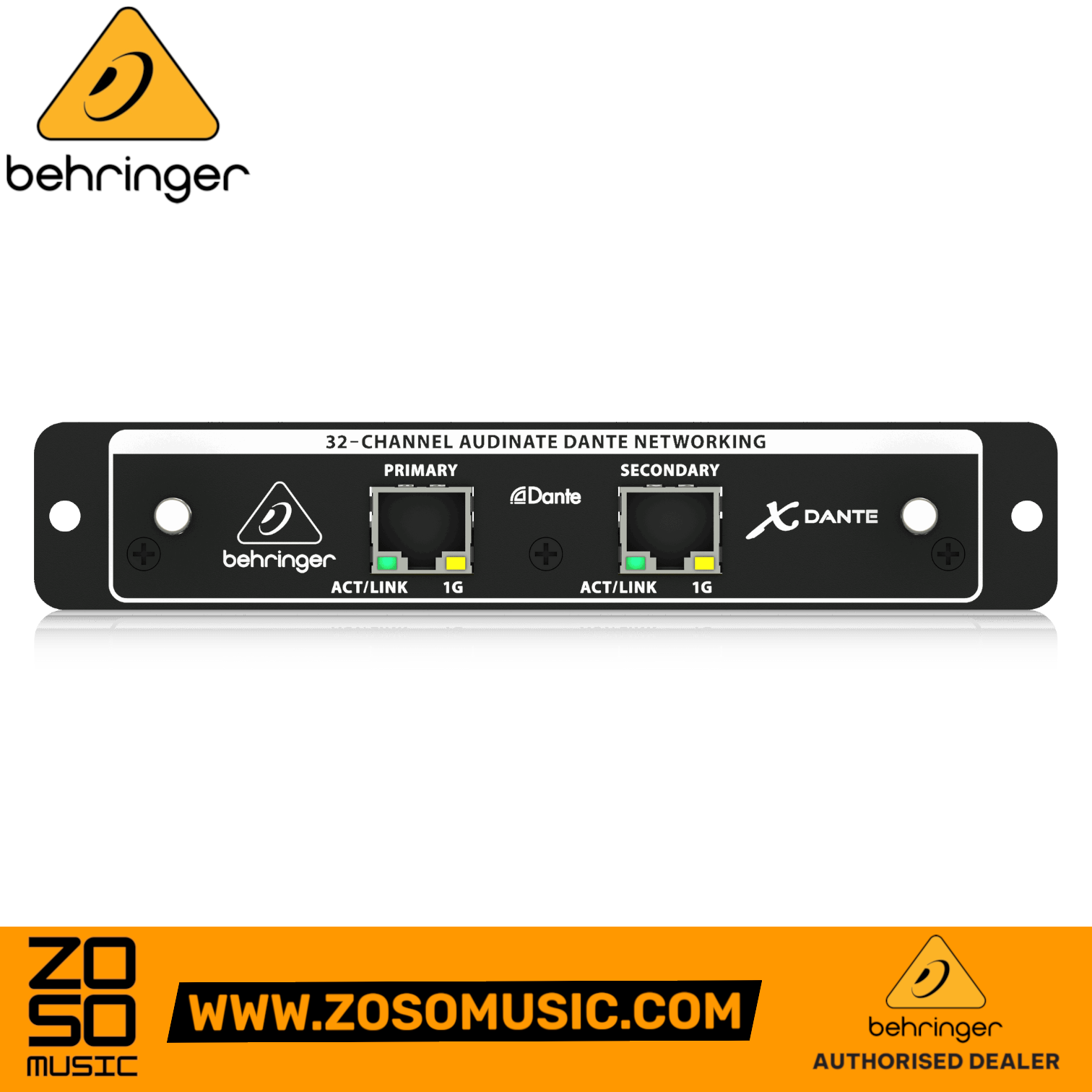 Zoso Music Behringer X-DANTE 32-channel expansion card for X32 mixers with primary and secondary Ethernet ports