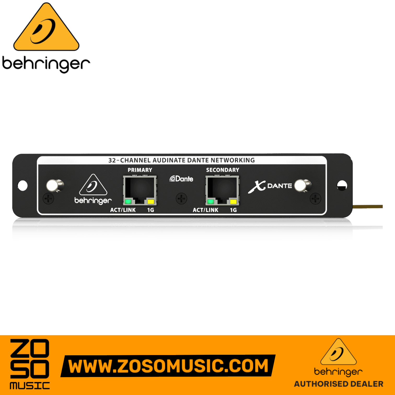 Zoso Music Behringer X-DANTE 32-channel expansion card featuring dual Ethernet ports for Dante network connectivity.
