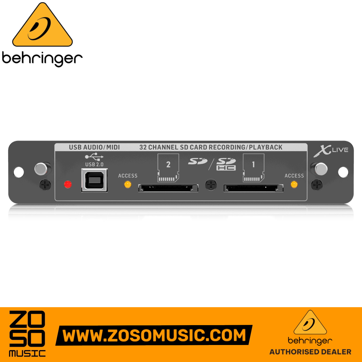 Zoso Music Behringer X-LIVE expansion card for X32 consoles featuring dual SD card slots and USB 2.0 interface.