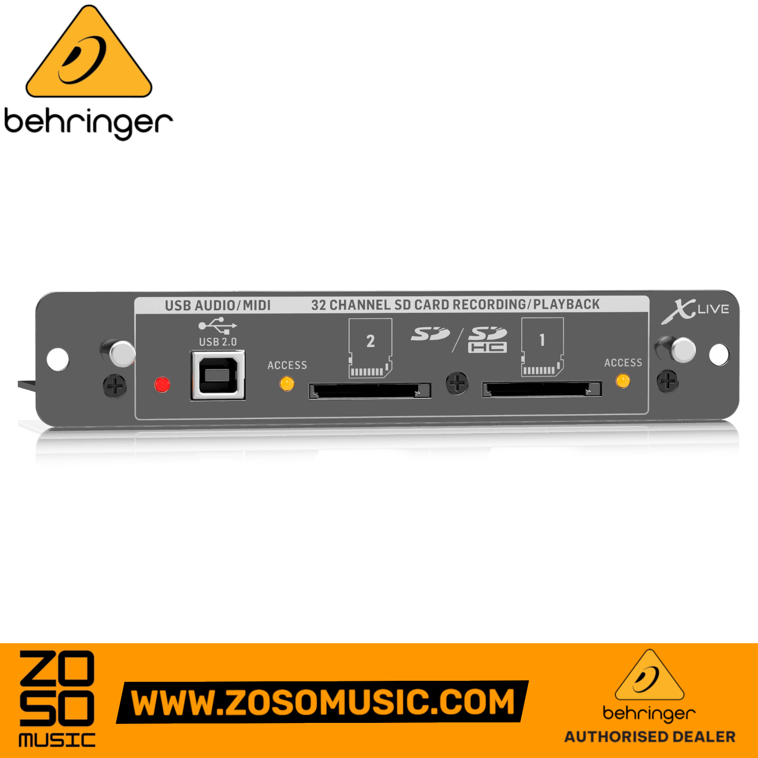 Zoso Music Behringer X-LIVE expansion card for X32 consoles featuring dual SD card slots and USB 2.0 interface