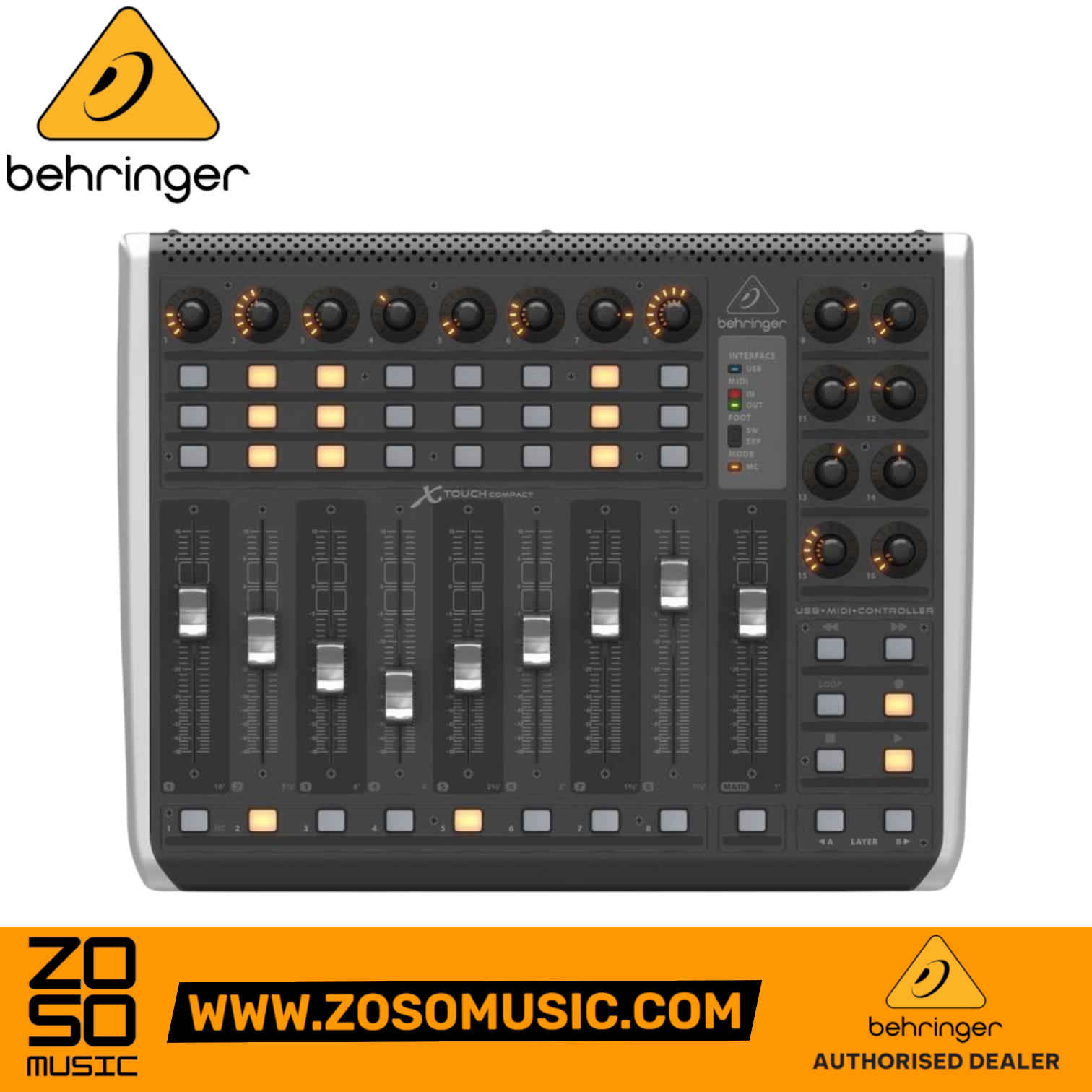 Zoso Music Behringer X-Touch Compact USB MIDI controller with motorized faders, rotary encoders, and illuminated buttons