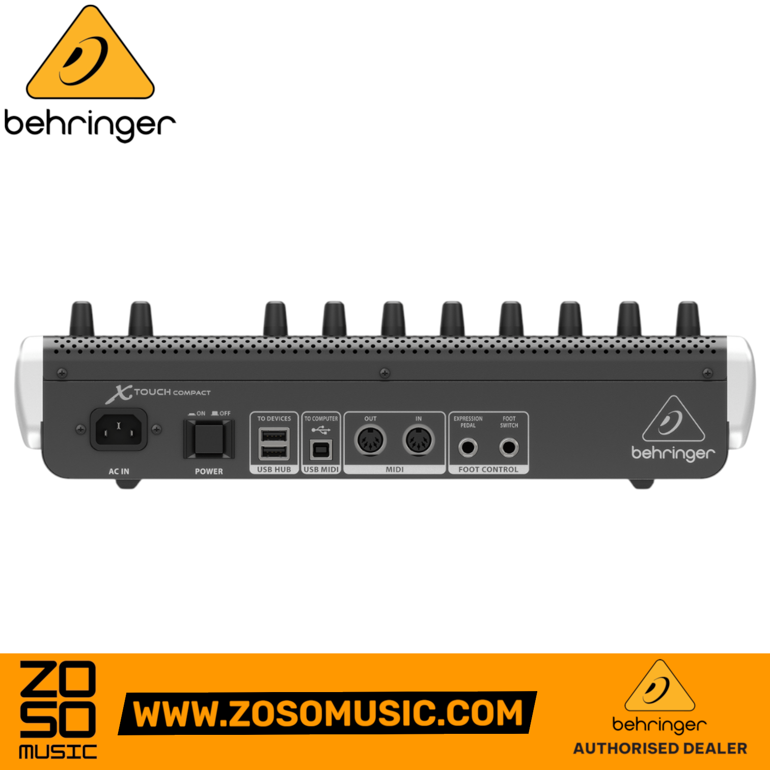 Zoso Music Behringer X-Touch Compact MIDI controller rear panel showing USB, MIDI, and pedal connectivity ports.