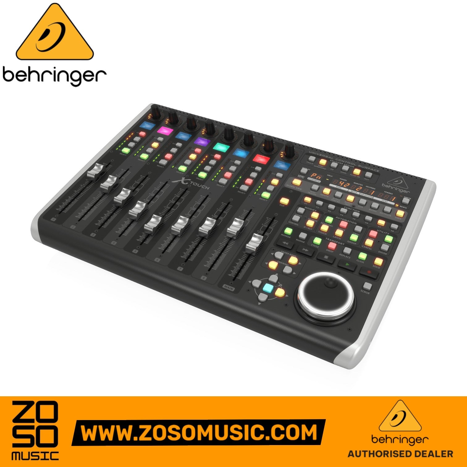 Zoso Music Behringer X-Touch USB MIDI DAW controller with motorized faders, rotary encoders, and illuminated buttons.