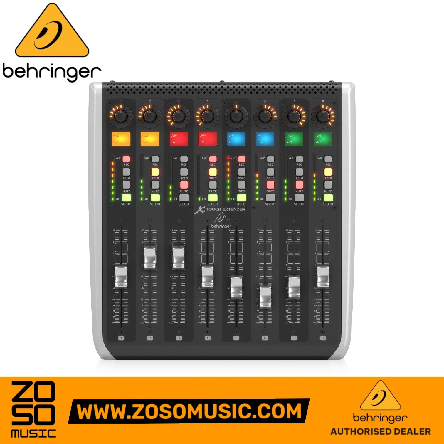 Zoso Music Behringer X-Touch Extender with 8 motorized faders, rotary encoders, and LCD scribble strips.