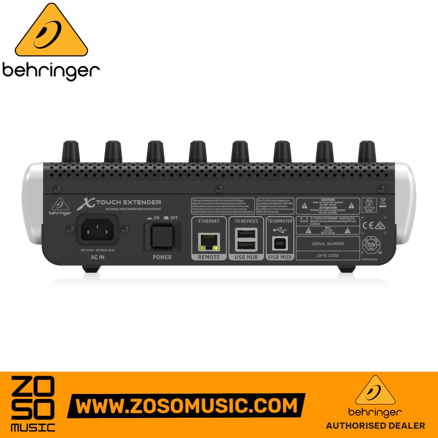 Zoso Music Behringer X-Touch Extender rear panel showing power, Ethernet, USB hub, and MIDI connectivity ports.