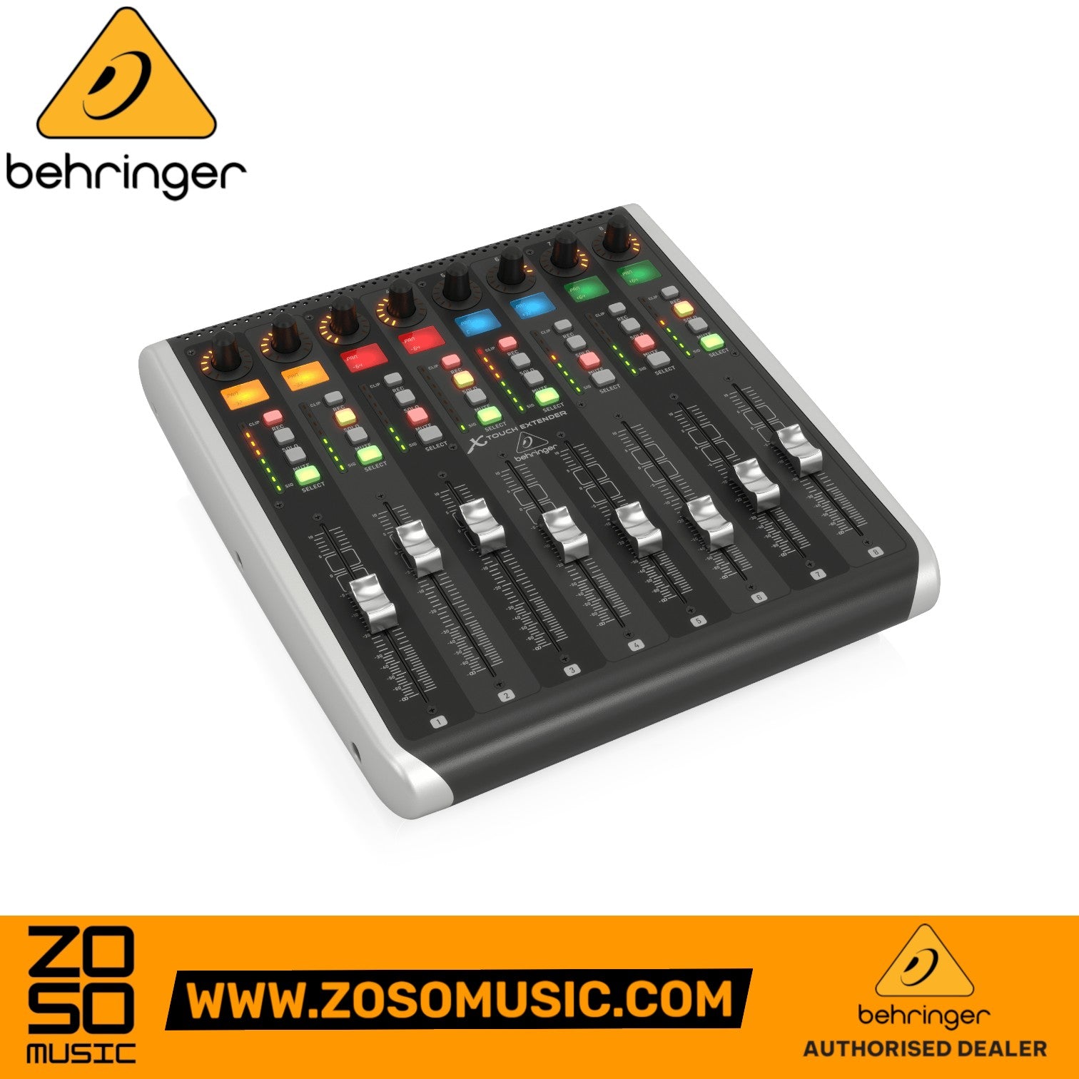 Zoso Music Behringer X-Touch Extender with 8 motorized faders, rotary encoders, and LCD scribble strips for DAW control