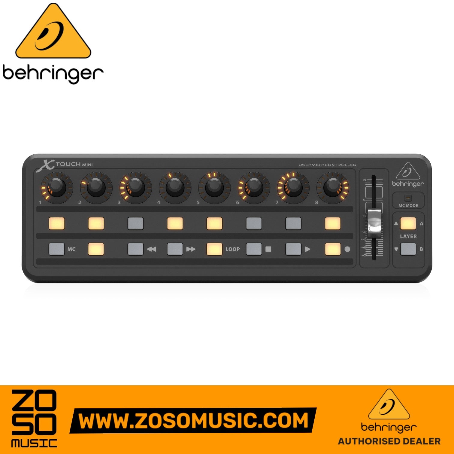 Zoso Music Behringer X-Touch Mini compact USB control surface with rotary encoders, illuminated buttons, and fader.