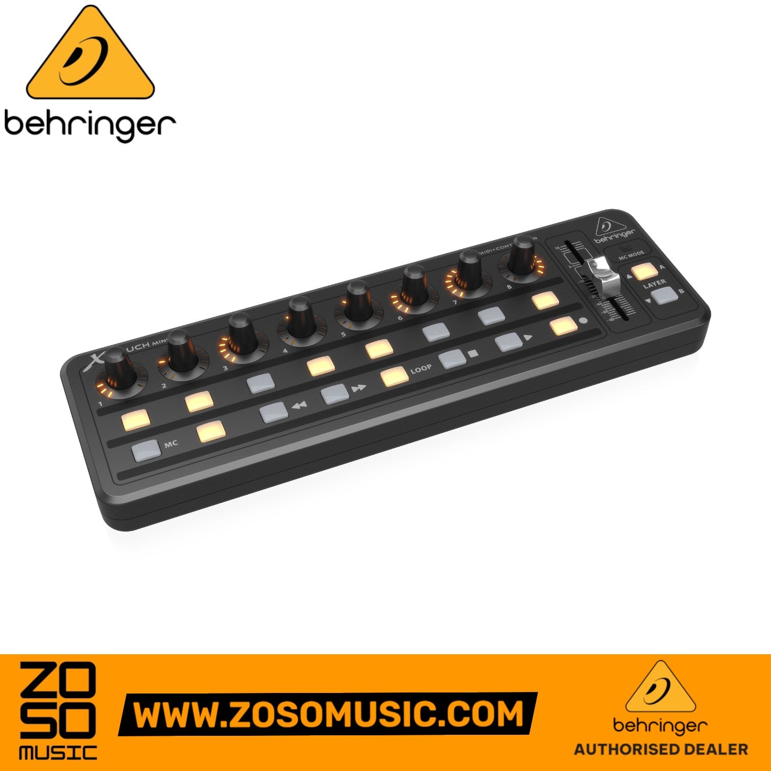 Zoso Music Behringer X-Touch Mini USB control surface with 8 rotary encoders, 16 illuminated buttons, and 60mm slider.