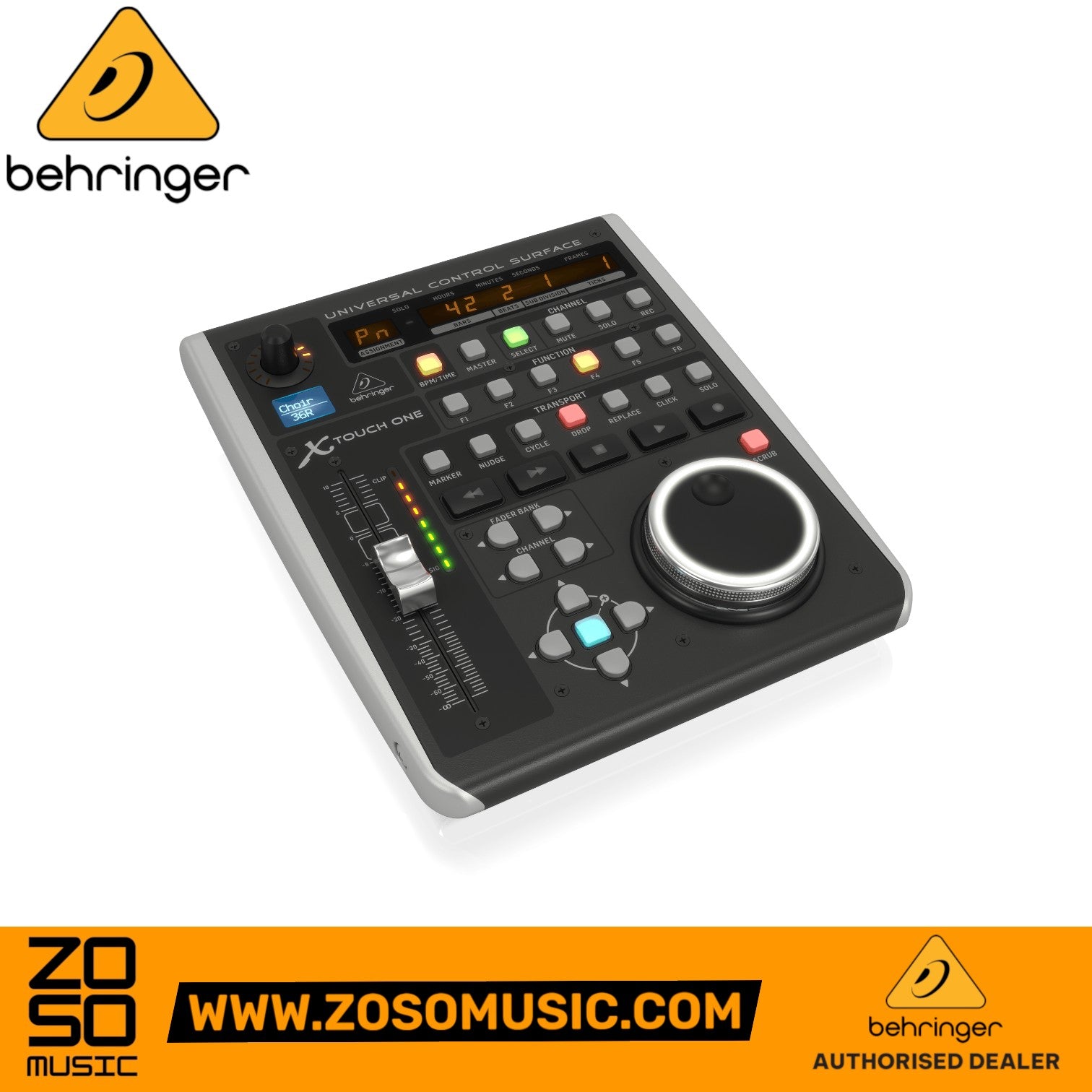 Zoso Music Behringer X-Touch One DAW control surface with motorized fader, jog wheel, and illuminated buttons