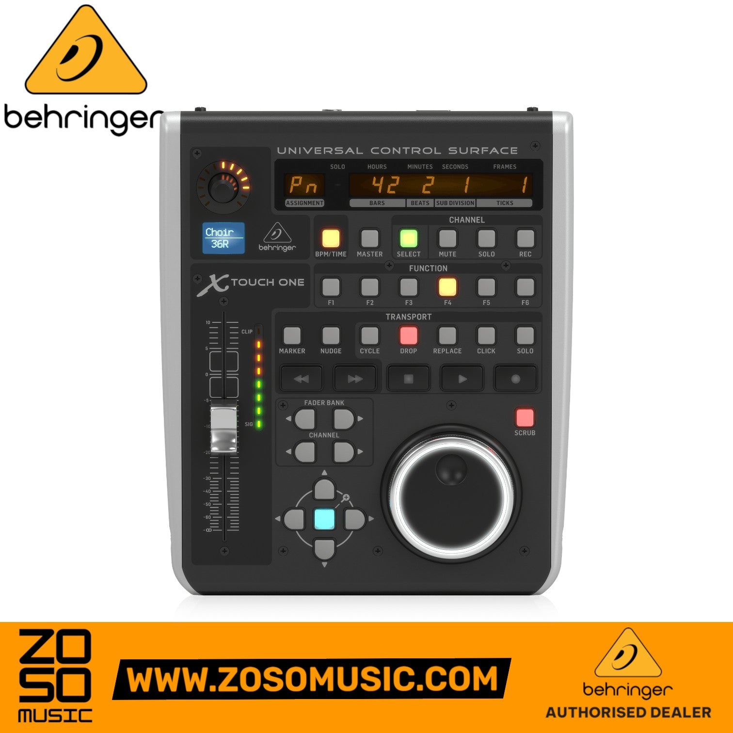 Zoso Music Behringer X-Touch One DAW control surface with motorized fader, jog wheel, and illuminated buttons.