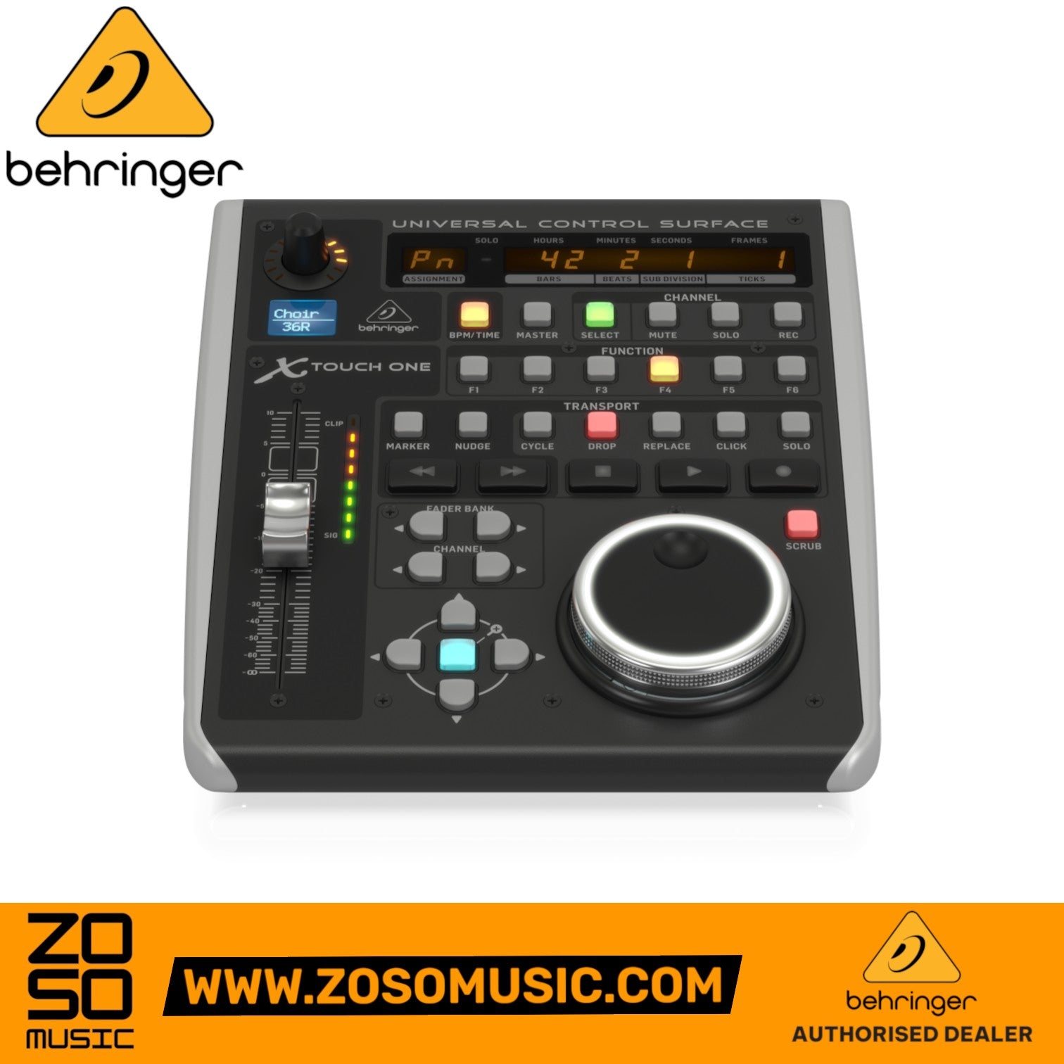 Zoso Music Behringer X-Touch One DAW control surface with motorized fader, jog wheel, and illuminated buttons.