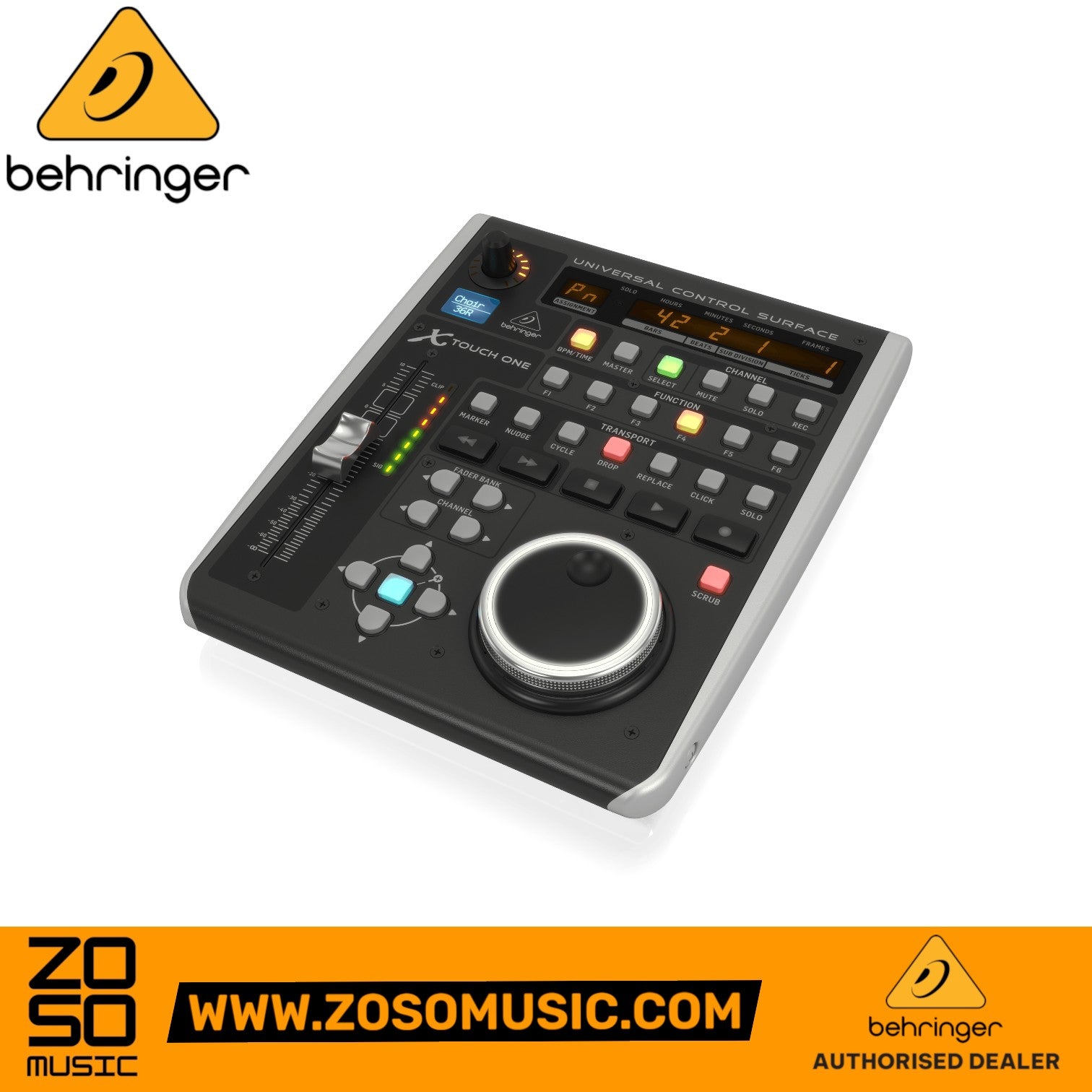 Zoso Music Behringer X-Touch One DAW control surface with motorized fader, jog wheel, and illuminated buttons.