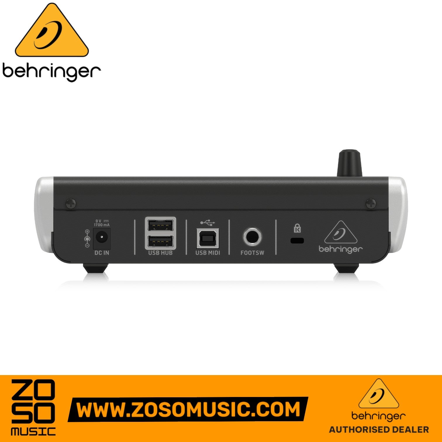 Rear panel of the Zoso Music Behringer X-Touch One showing USB ports, footswitch input, and power connection.
