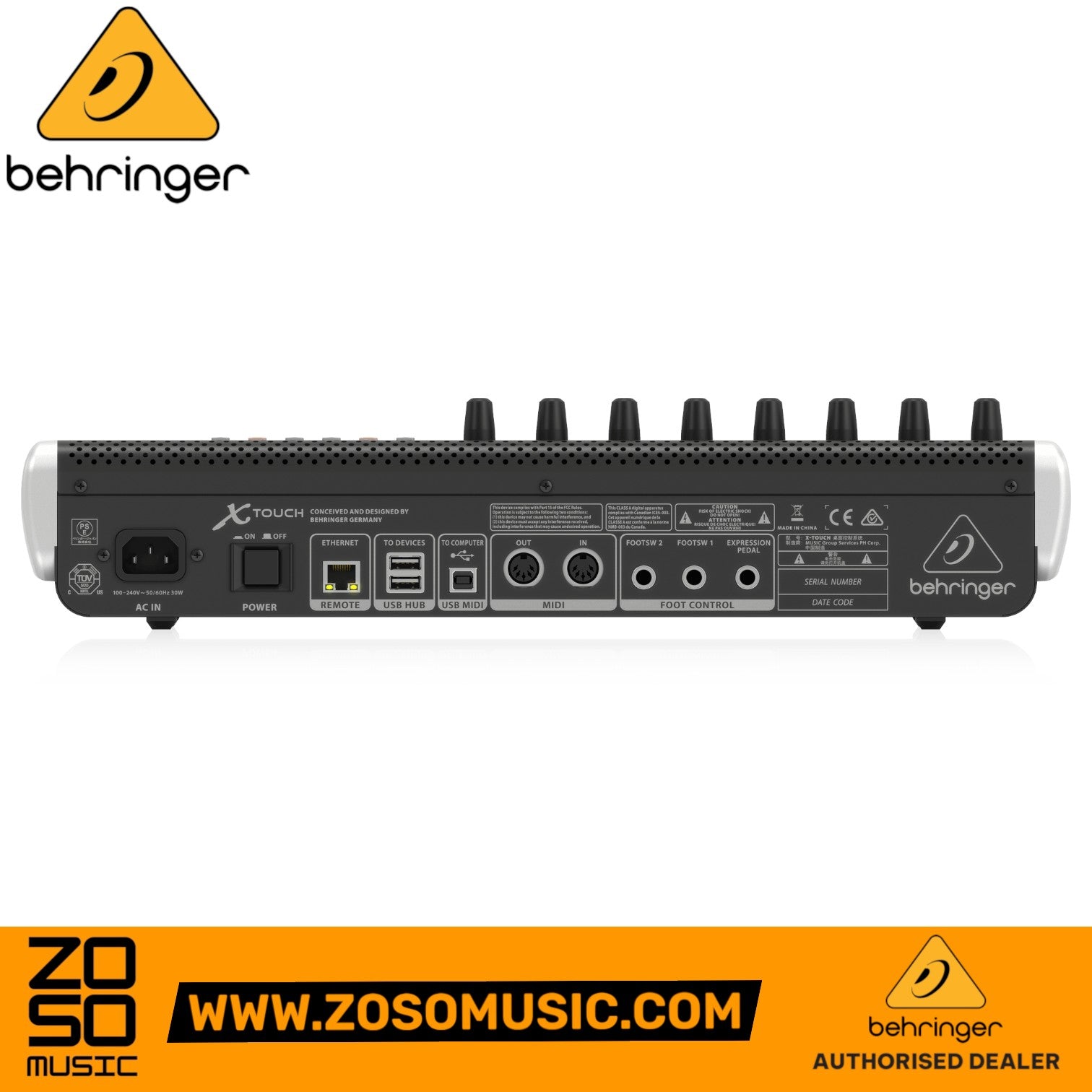 Zoso Music Behringer X-Touch universal control surface rear panel showing USB, MIDI, Ethernet, and power ports.