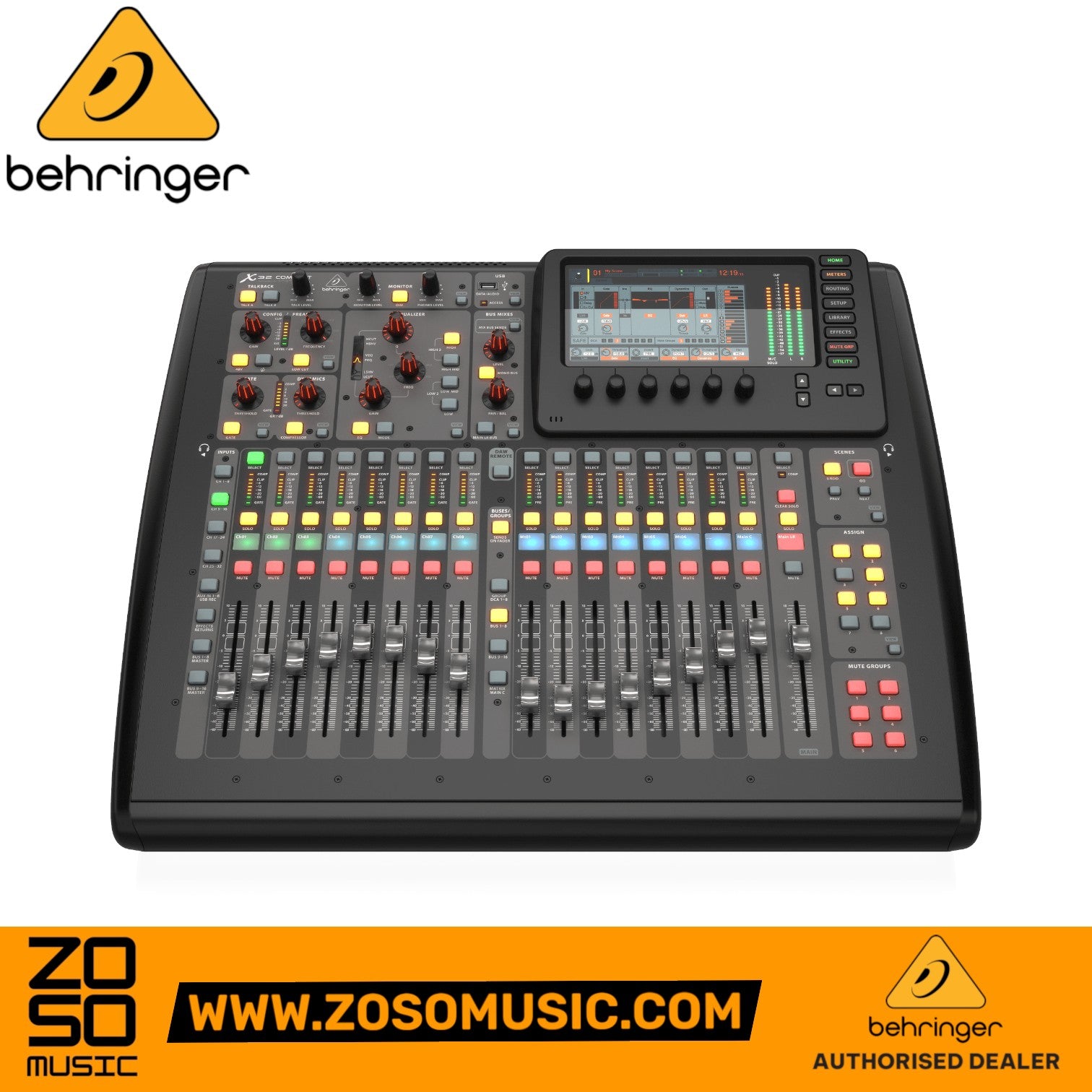 Zoso Music Behringer X32 Compact 40-channel digital mixer with motorized faders, color TFT screen, and mic preamps.