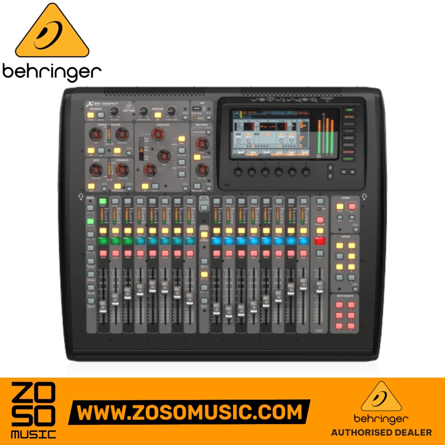 Zoso Music Behringer X32 Compact 40-channel digital mixer with motorized faders, color TFT screen, and Midas preamps.
