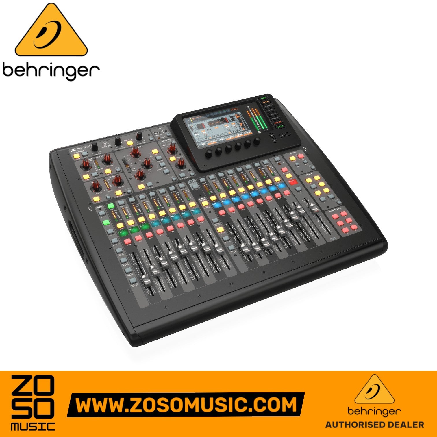 Zoso Music Behringer X32 Compact 40-channel digital mixer with motorized faders and 7-inch color TFT display.