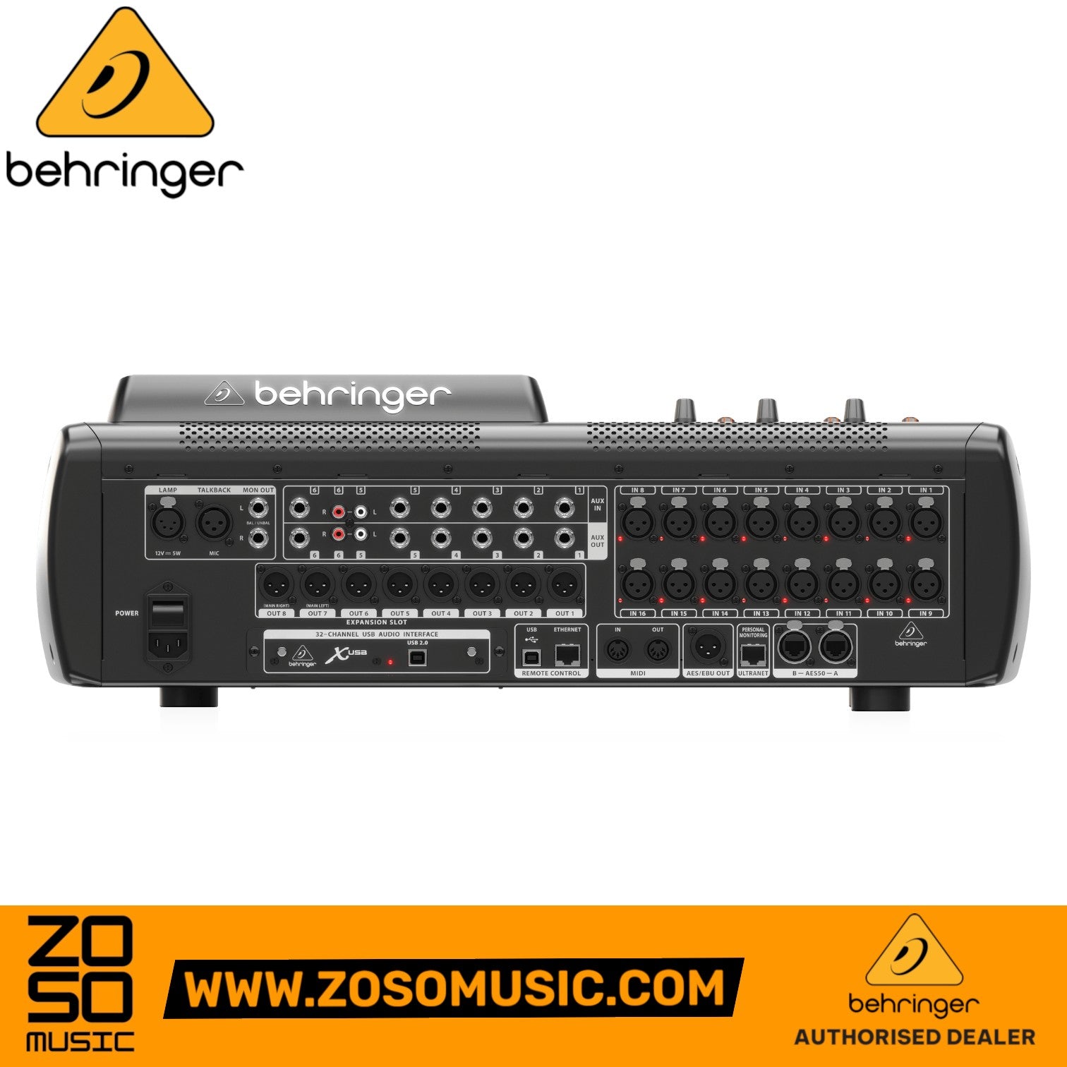 Rear panel of the Zoso Music Behringer X32 Compact digital mixer showing XLR inputs, outputs, and USB connectivity.