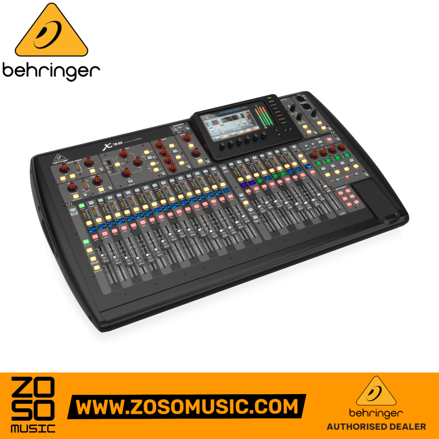 Zoso Music Behringer X32 digital mixing console featuring motorized faders, LCD scribble strips, and a 7-inch color TFT.