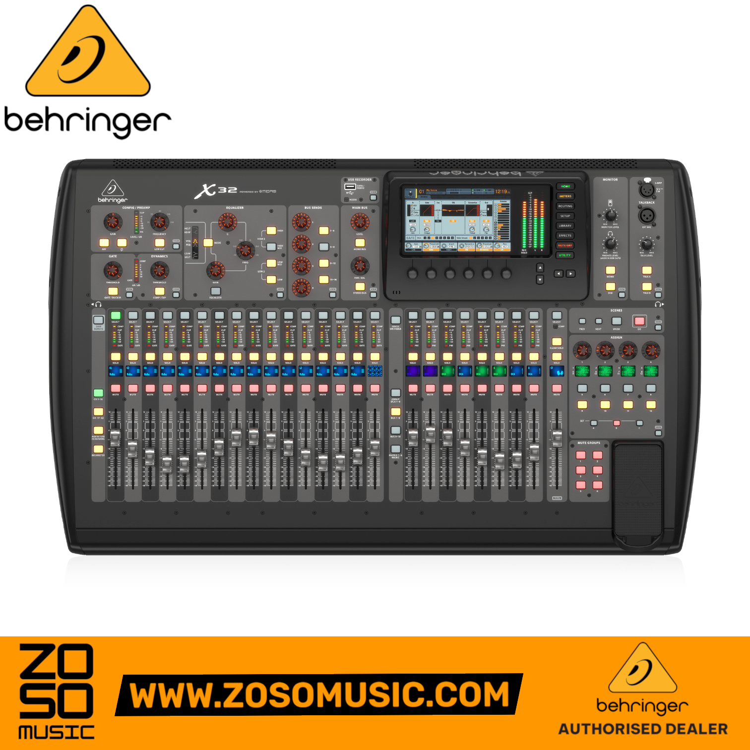 Zoso Music Behringer X32 digital mixing console featuring 32 Midas-designed preamps, motorized faders, and color TFT.