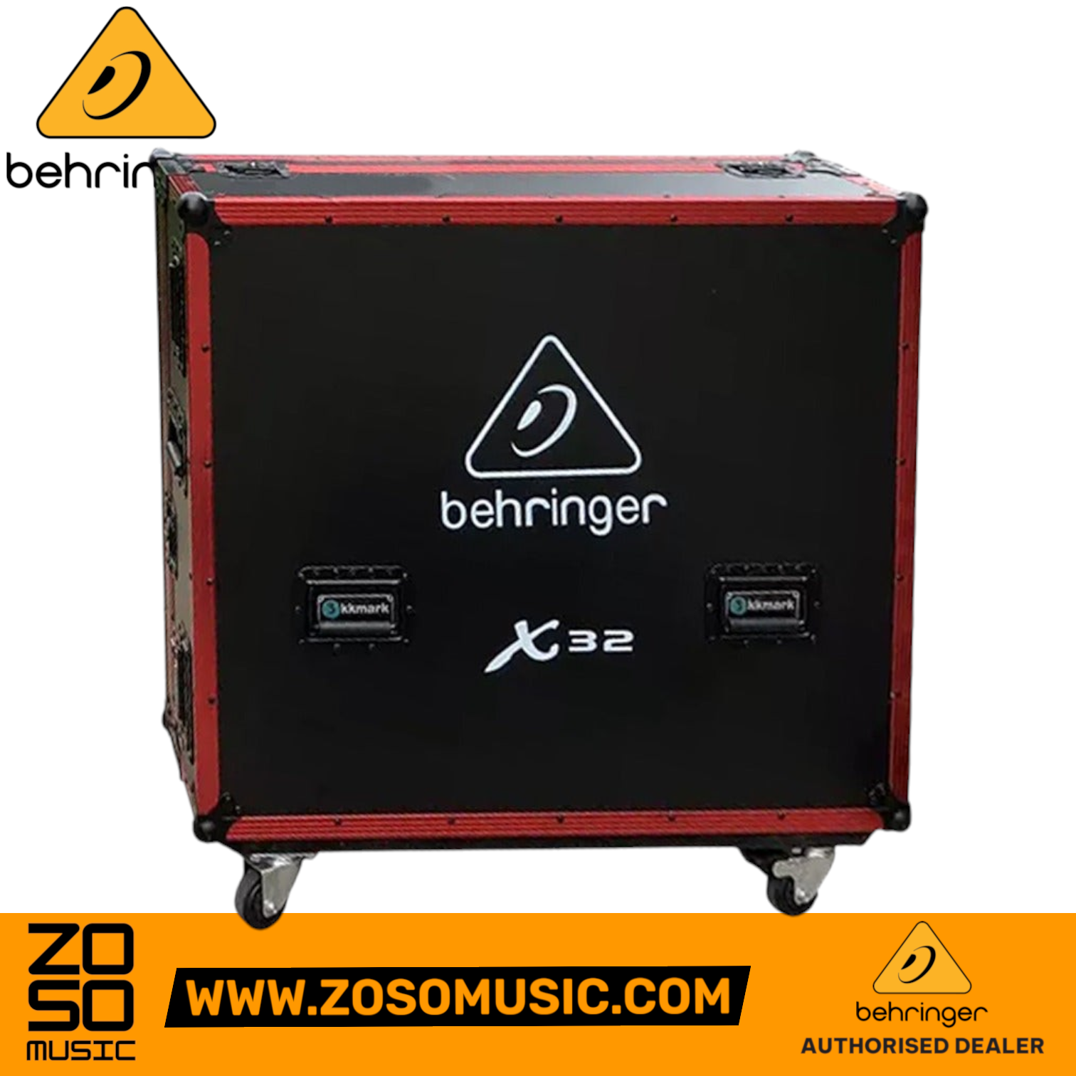 Zoso Music Behringer X32 flight case in black with red trim, featuring heavy-duty trolley wheels and butterfly locks.