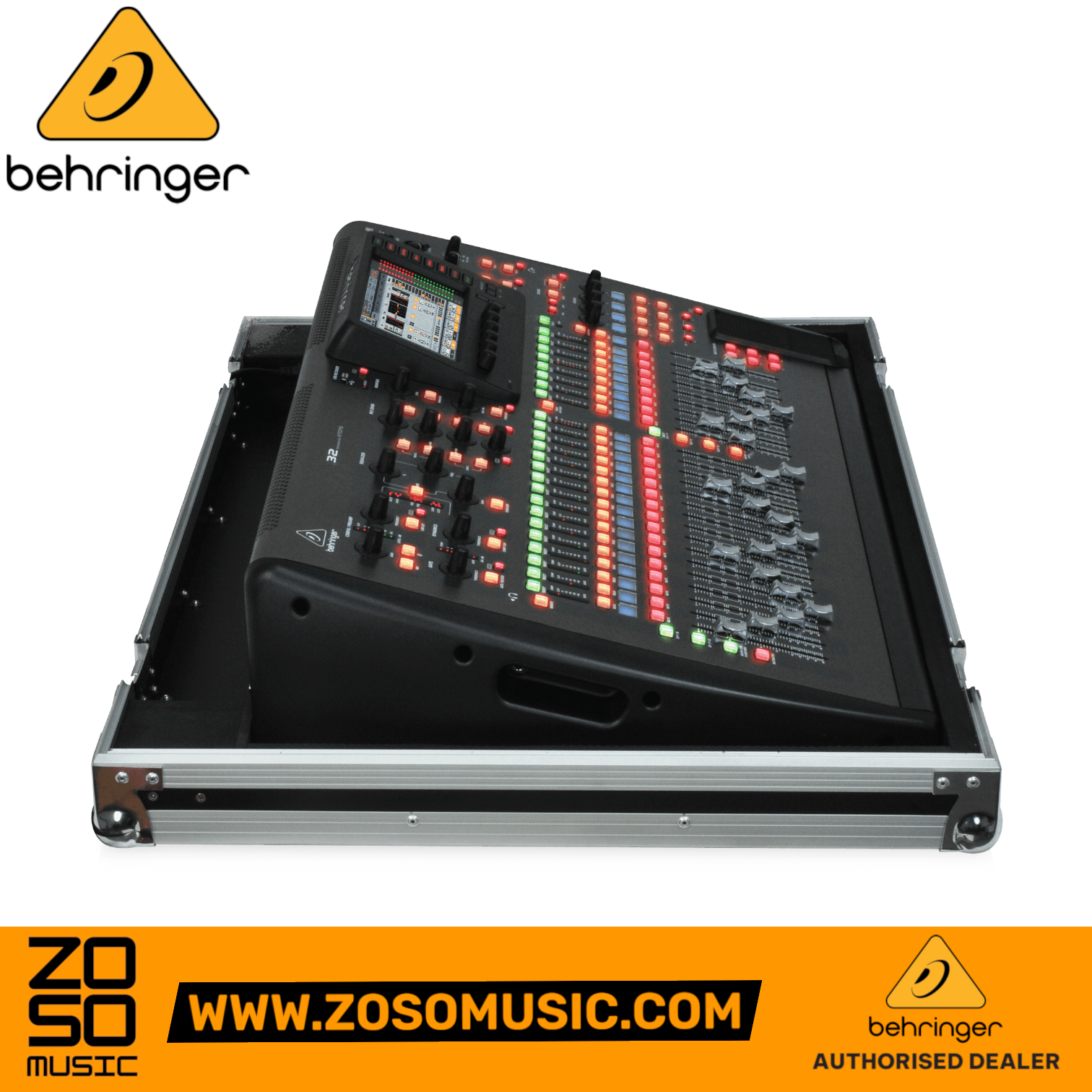 Zoso Music Behringer X32 digital mixer inside a black plywood flight case with foam lining and recessed handles