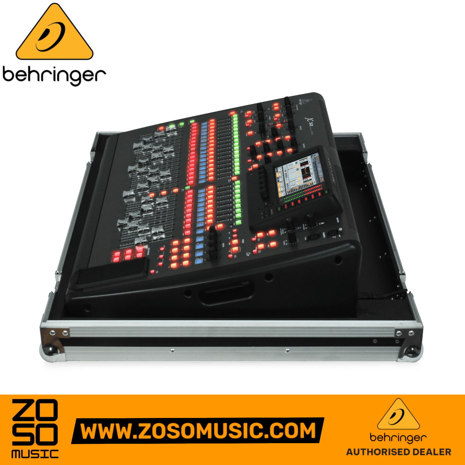 Zoso Music Behringer X32 digital mixer inside a protective black plywood flight case with recessed handles