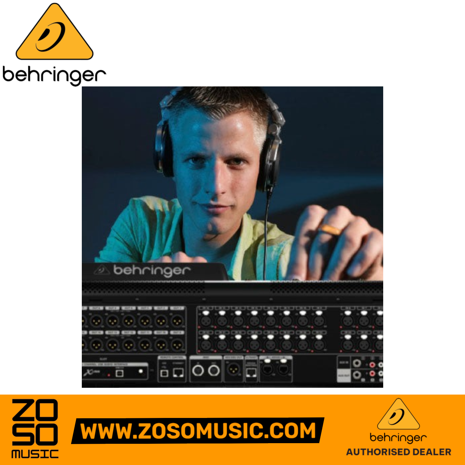 Zoso Music Behringer X32 digital mixer rear panel view with a sound engineer wearing headphones in the background