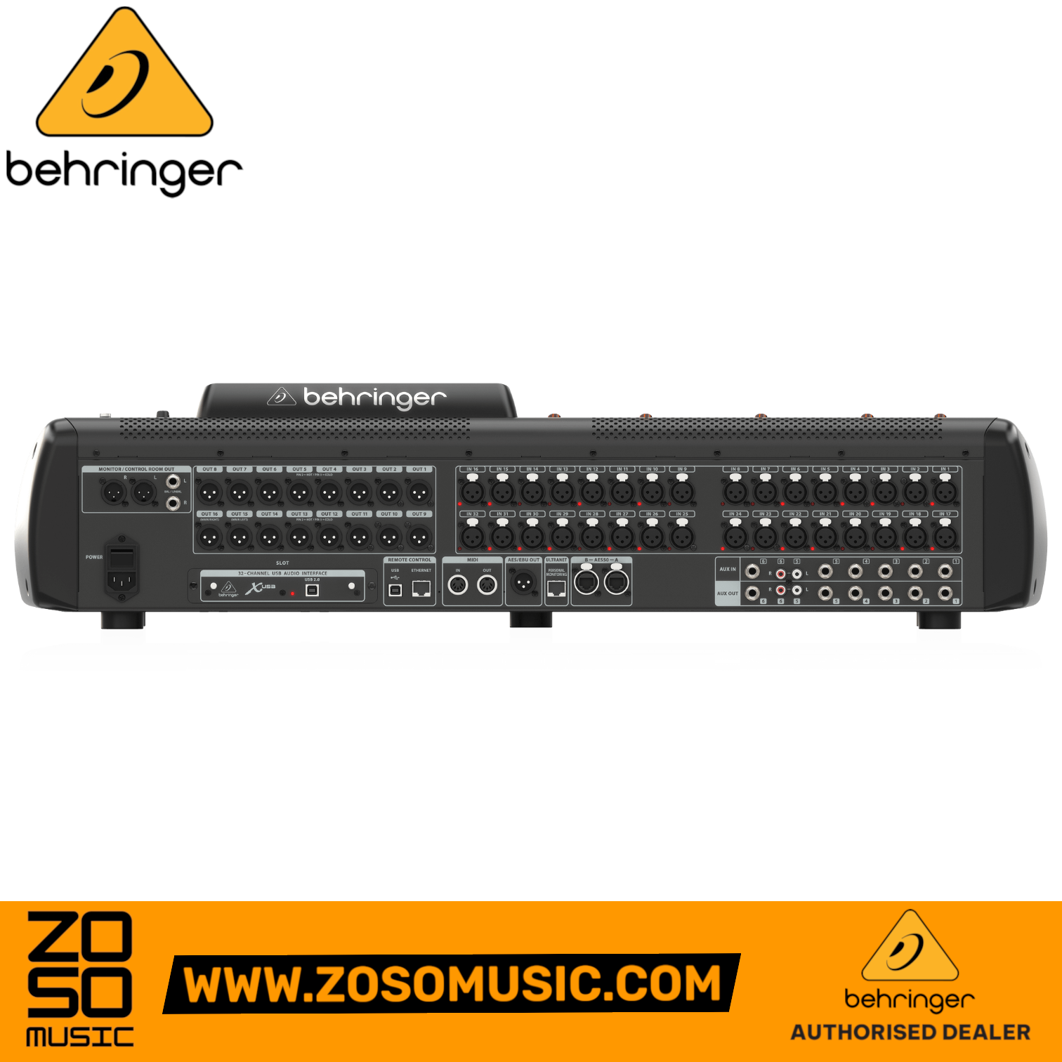 Zoso Music Behringer X32 digital mixer rear panel showing XLR inputs, outputs, and connectivity ports.