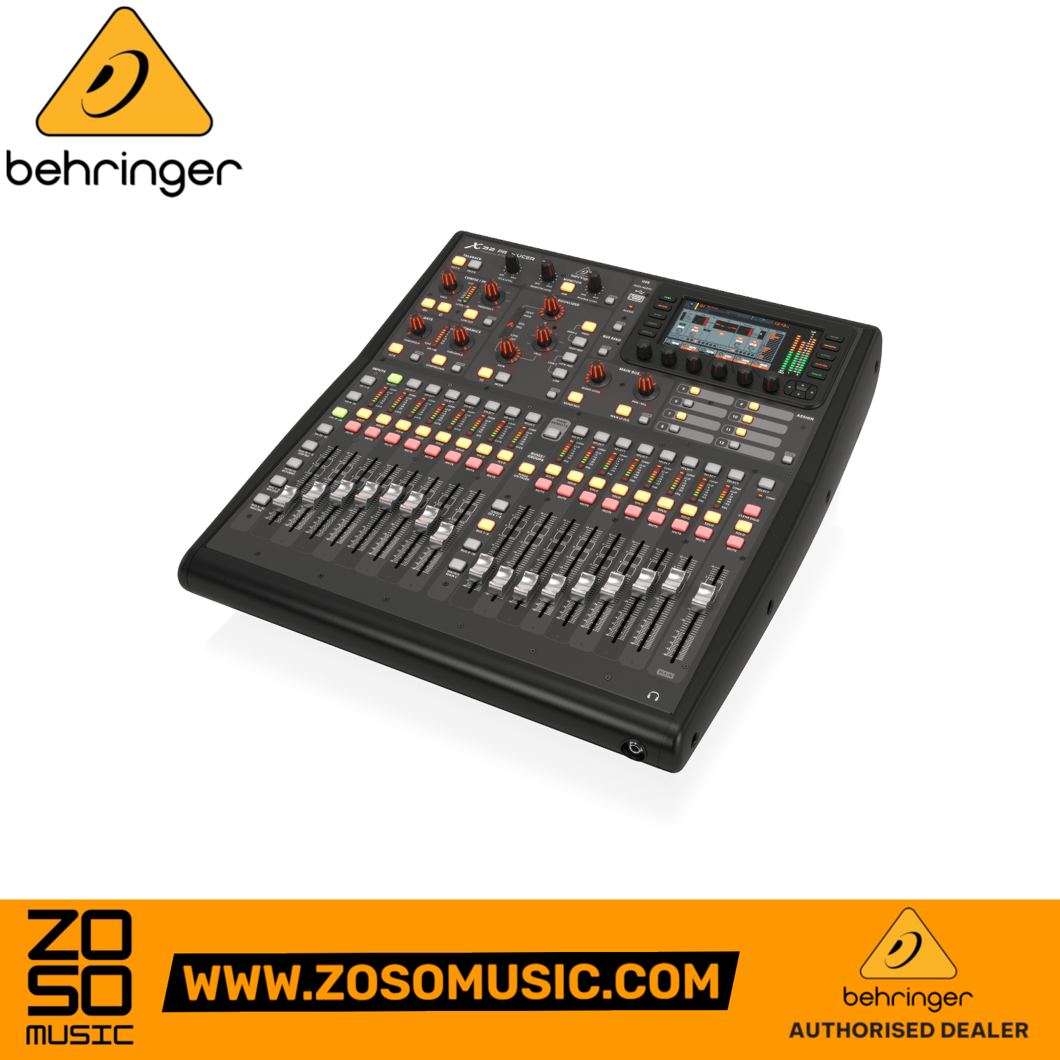 Zoso Music Behringer X32 Producer digital mixing console with motorized faders, color TFT screen, and control knobs.