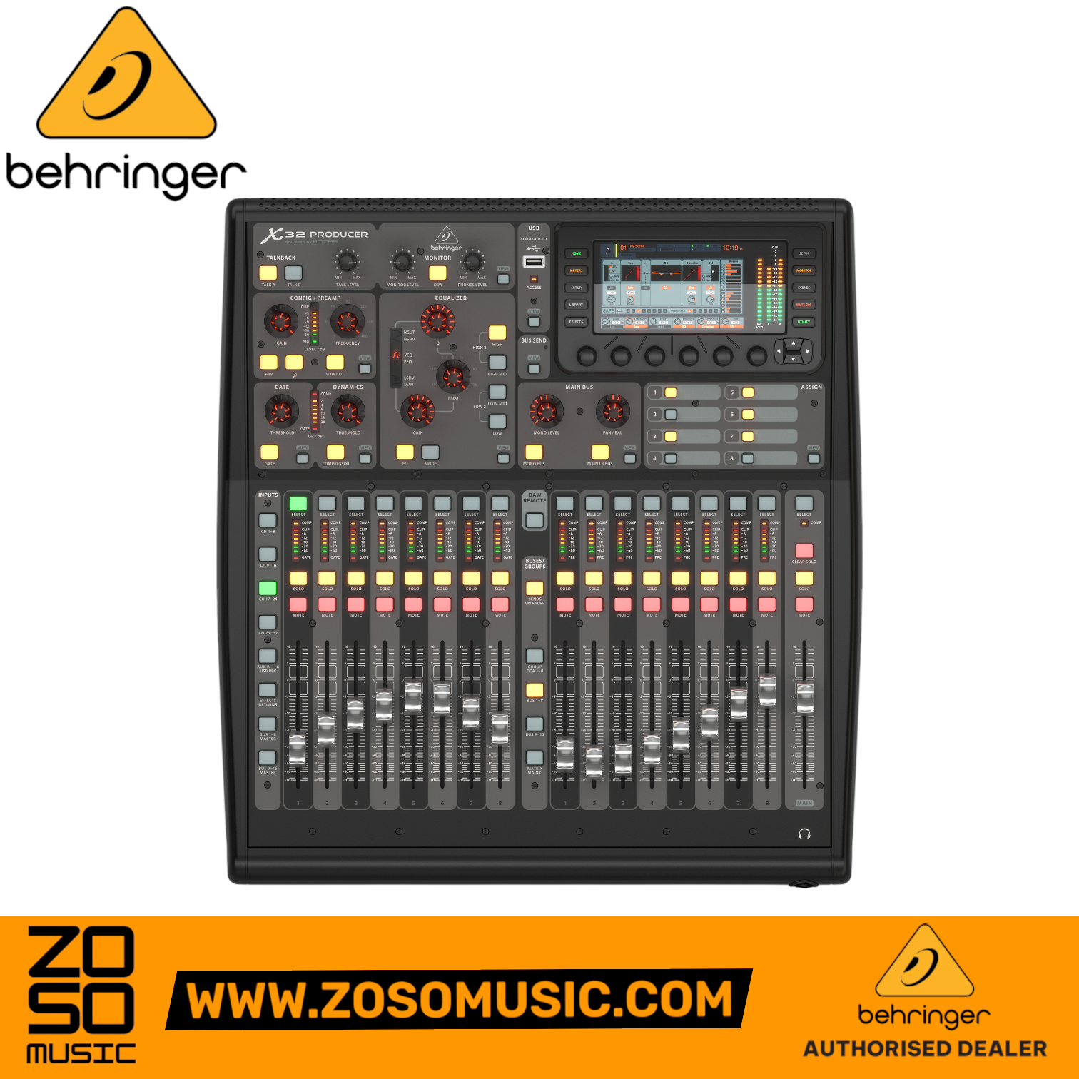 Zoso Music Behringer X32 Producer digital mixing console with motorized faders, color TFT screen, and control knobs.